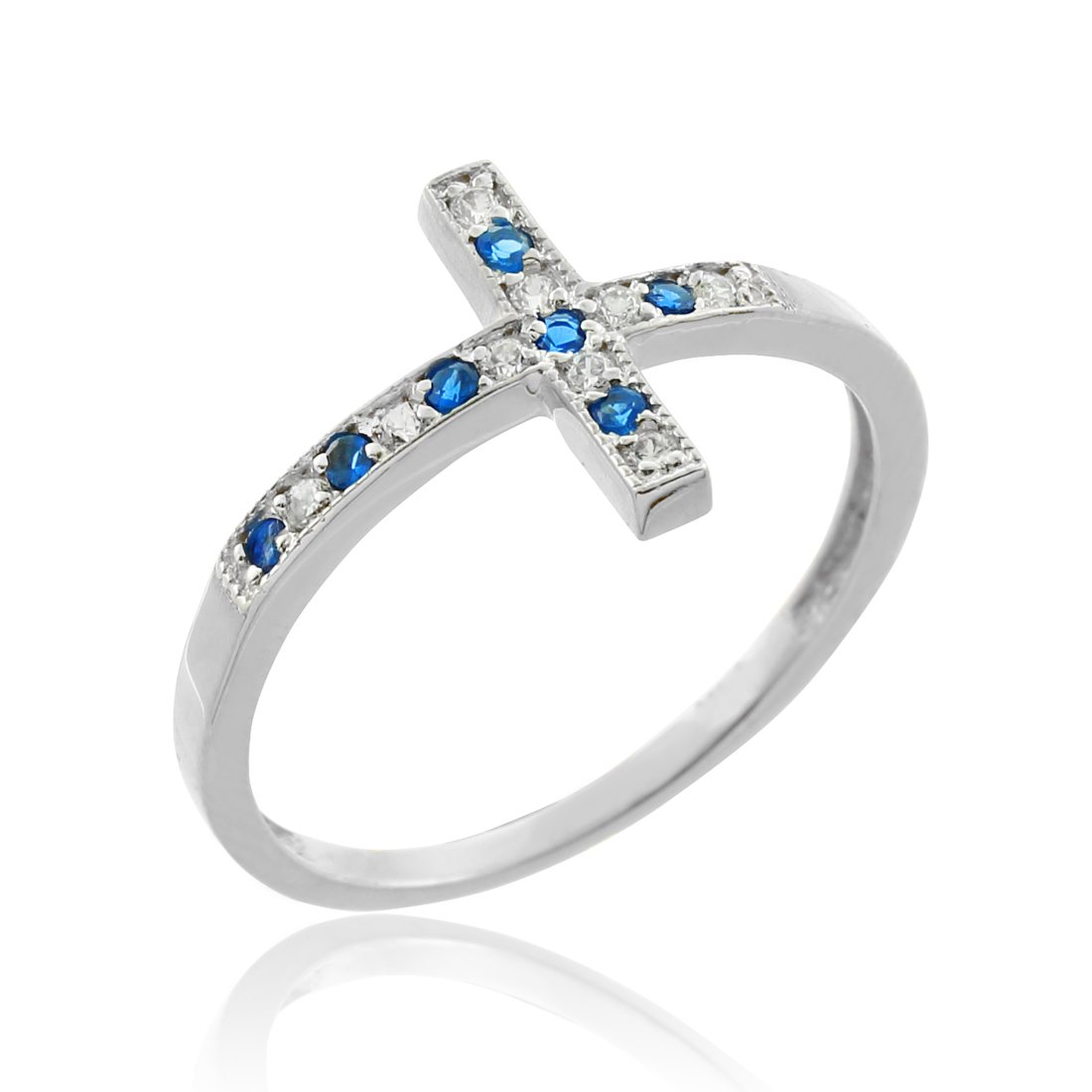 14K White Gold Sideways Cross Ring with Blue & White Cubic Zirconia - Elegant Jewelry for Women, Perfect for Gifts, Weddings, and Everyday Wear