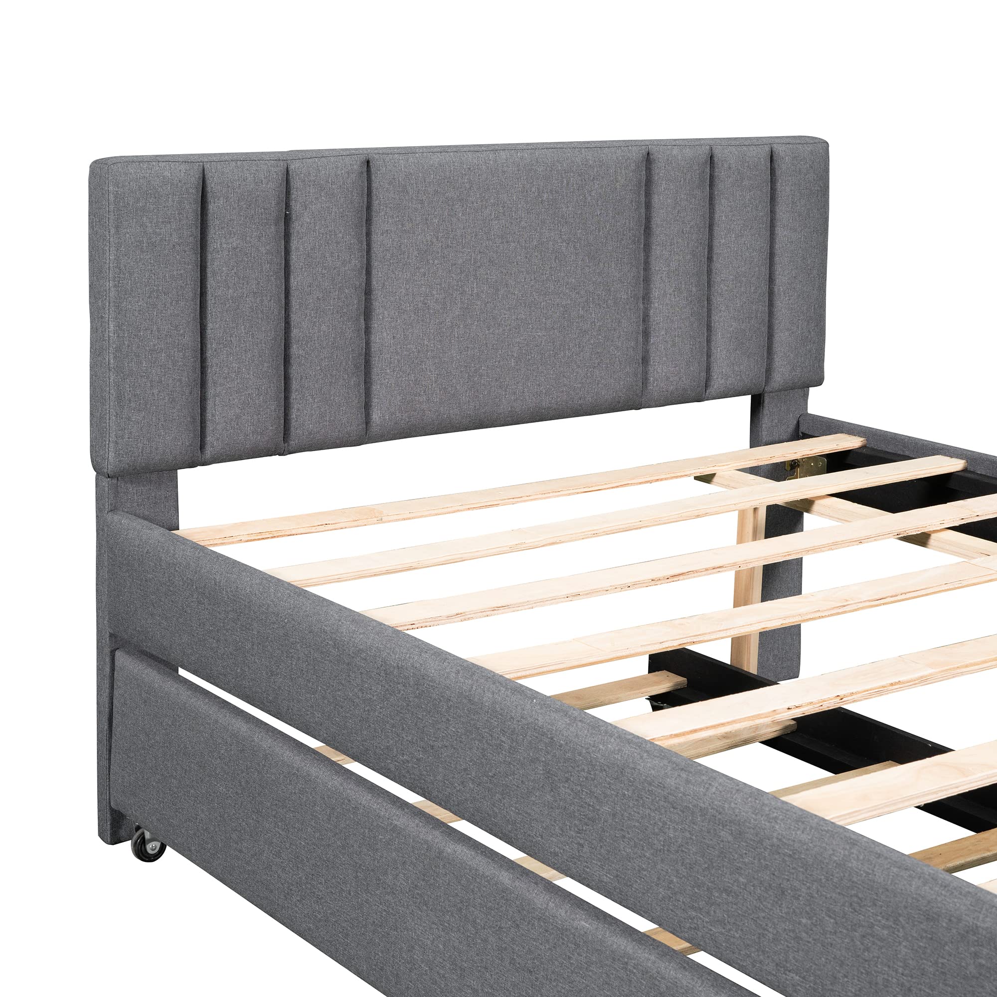 P PURLOVE Full Upholstered Platform Bed with Trundle - Wooden Twin Size Bed Frame with Headboard for Kids & Teens - Sturdy Slat Support System - Perfect for Bedrooms, Guest Rooms & Small Spaces