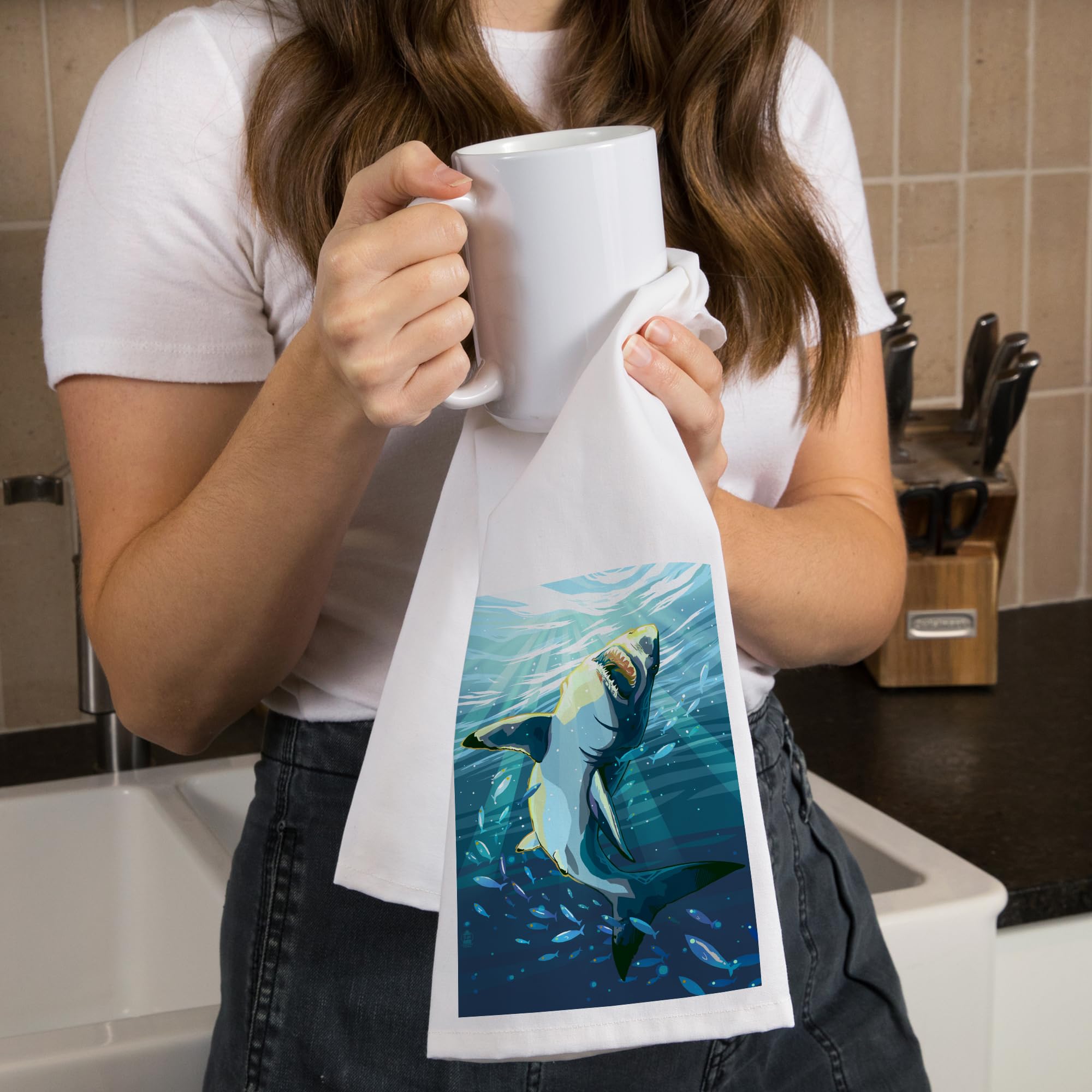 Stylized Great White Shark Tea Towel - 100% Cotton Decorative Hand Towel for Kitchen & Home - Perfect for Dish Drying, Gift Giving & Coastal Themed Decor