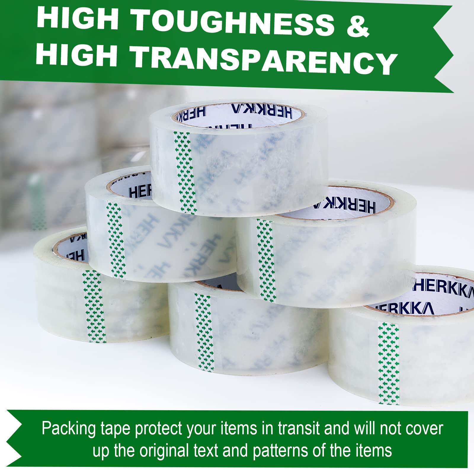 HERKKA Heavy Duty Clear Packing Tape - 18 Rolls, 2 Inch Wide, 65 Yards Per Roll (1170 Total Yards) - Strong Shipping, Moving & Sealing Tape for Boxes, Packages & Storage - Ideal for Home, Office & Warehouse Use