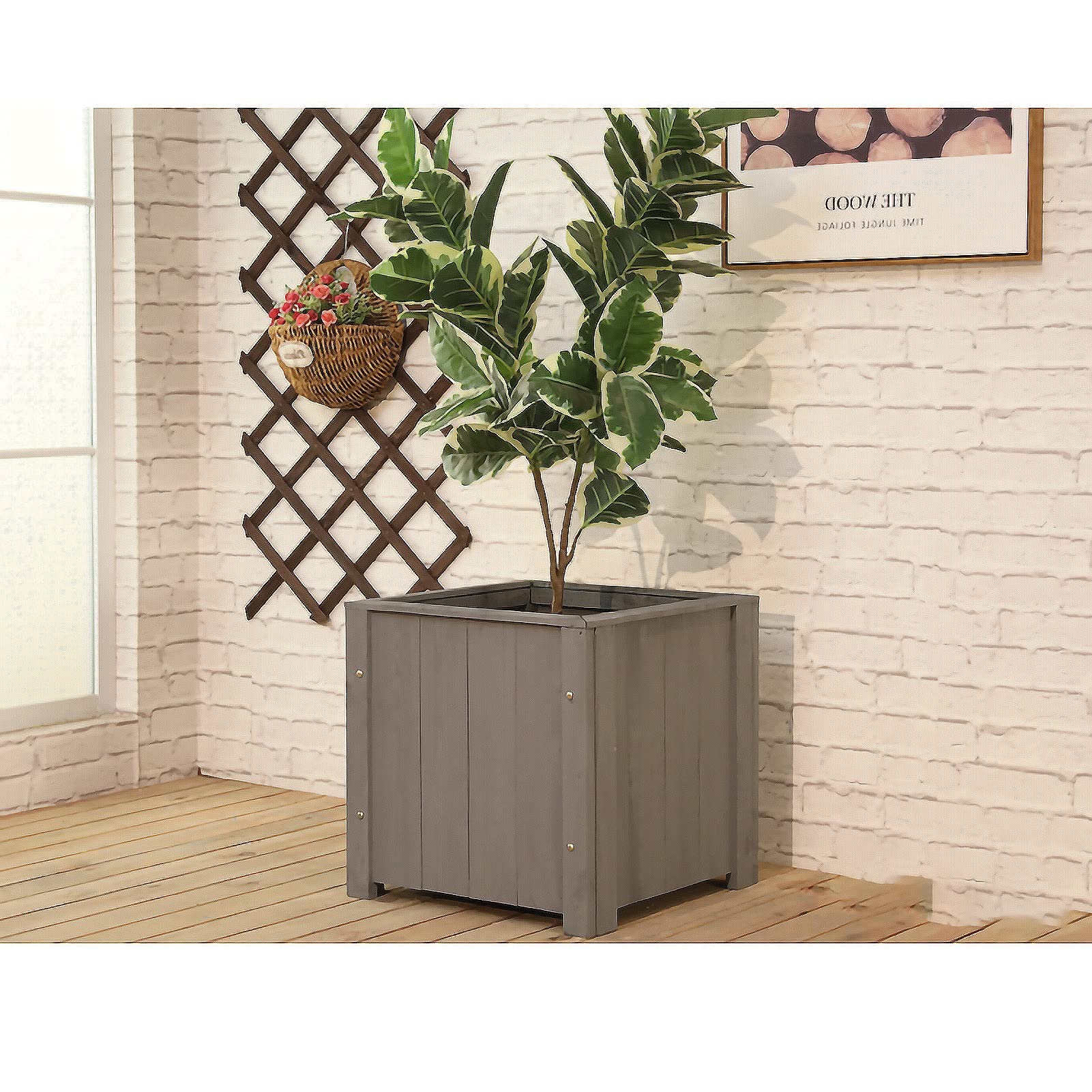 YWZQY Elevated Pine Wood Raised Garden Bed - 40x40x40cm Square Planter Box for Vegetables, Flowers & Herbs | Light Gray Outdoor Gardening Solution for Patio, Backyard & Small Spaces
