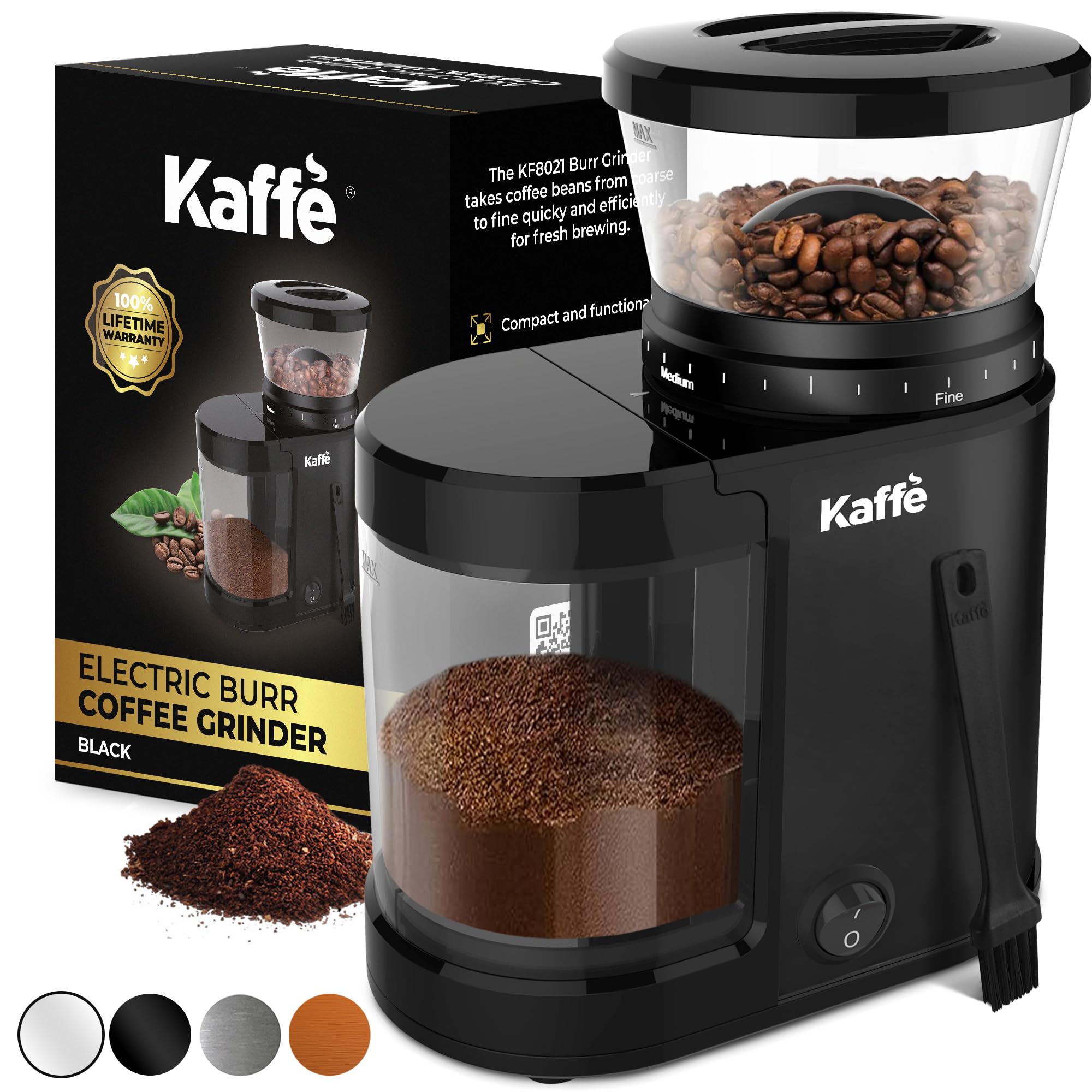 Premium Kaffe Electric Burr Coffee Grinder - 5.5oz Capacity, Adjustable Coarseness Settings & Flat Burr Design - New Upgraded Motor for Precise Grinding - Perfect for Espresso, French Press & Drip Coffee - Ideal Home Coffee Bean Grinder (Black)