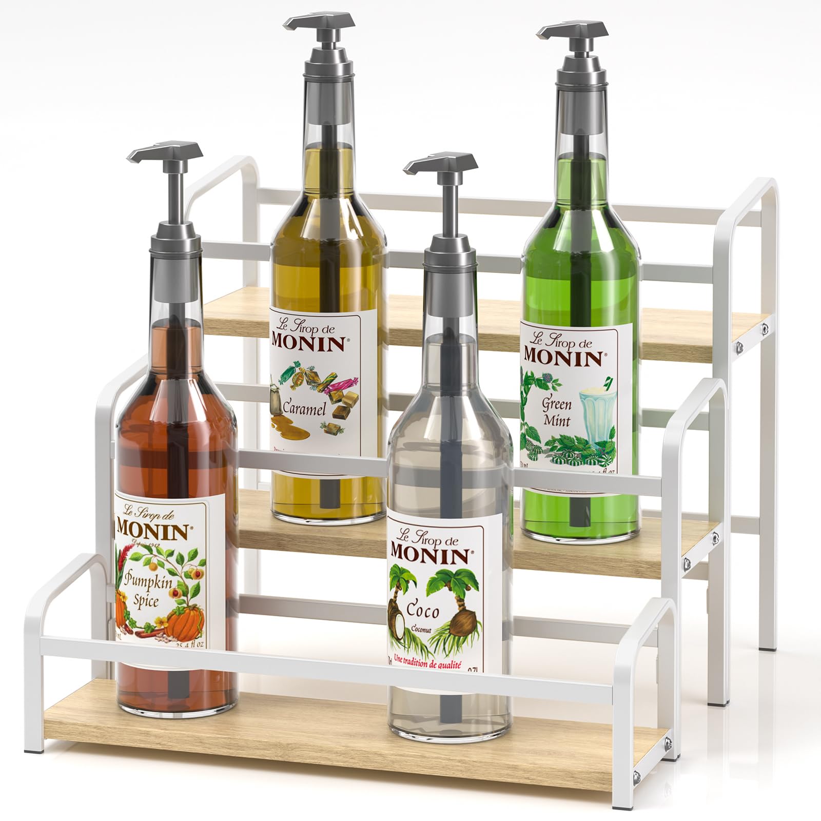 3-Tier Coffee Syrup Organizer Rack - Holds 12 Bottles for Coffee Bar, Wine & Spice Storage - Magnetic One-Step Installation - Perfect for Home Bars, Kitchen Countertops & Cabinet Organization