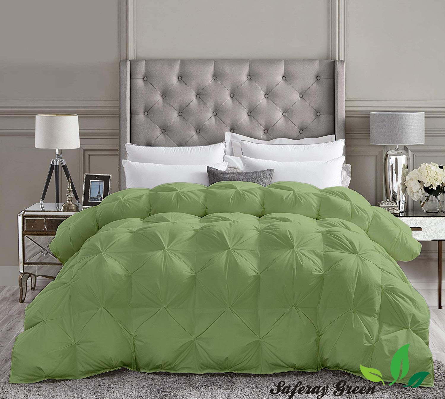 Luxury 100% Organic Cotton California King Comforter Set - 4-Piece Pinch Pleat Duvet Cover & Pillow Shams, 102x96 Inches, Moss Solid Color, All-Season Pintuck Style Bedding for Master Bedroom & Guest Room Decor