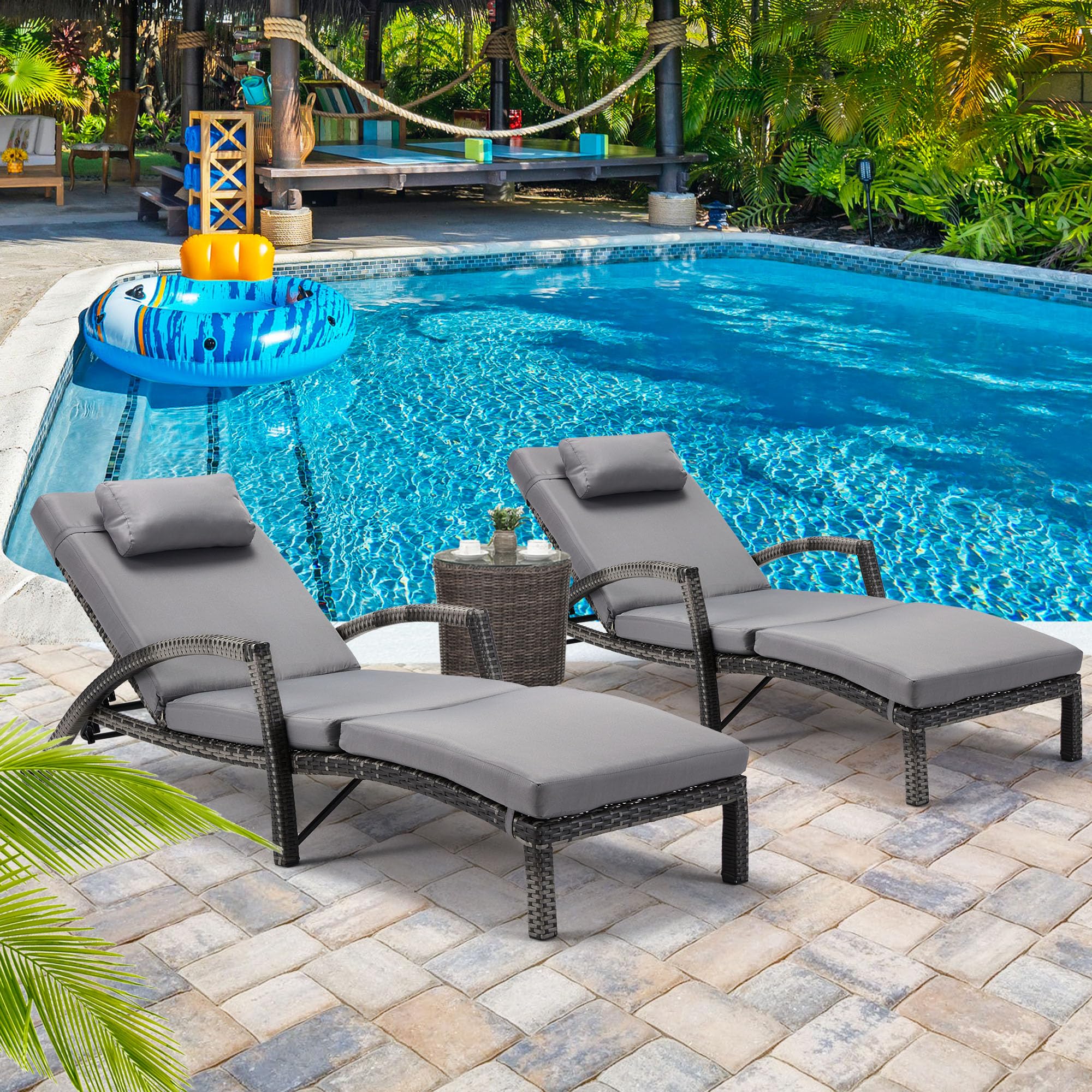 HOMREST 2-Piece PE Rattan Wicker Chaise Lounge Chairs Set with Adjustable 5-Position Recline, Armrests & Wheels - Outdoor Poolside Loungers for Backyard, Deck, Porch - Grey (Perfect for Sunbathing, Relaxing by the Pool or Garden)