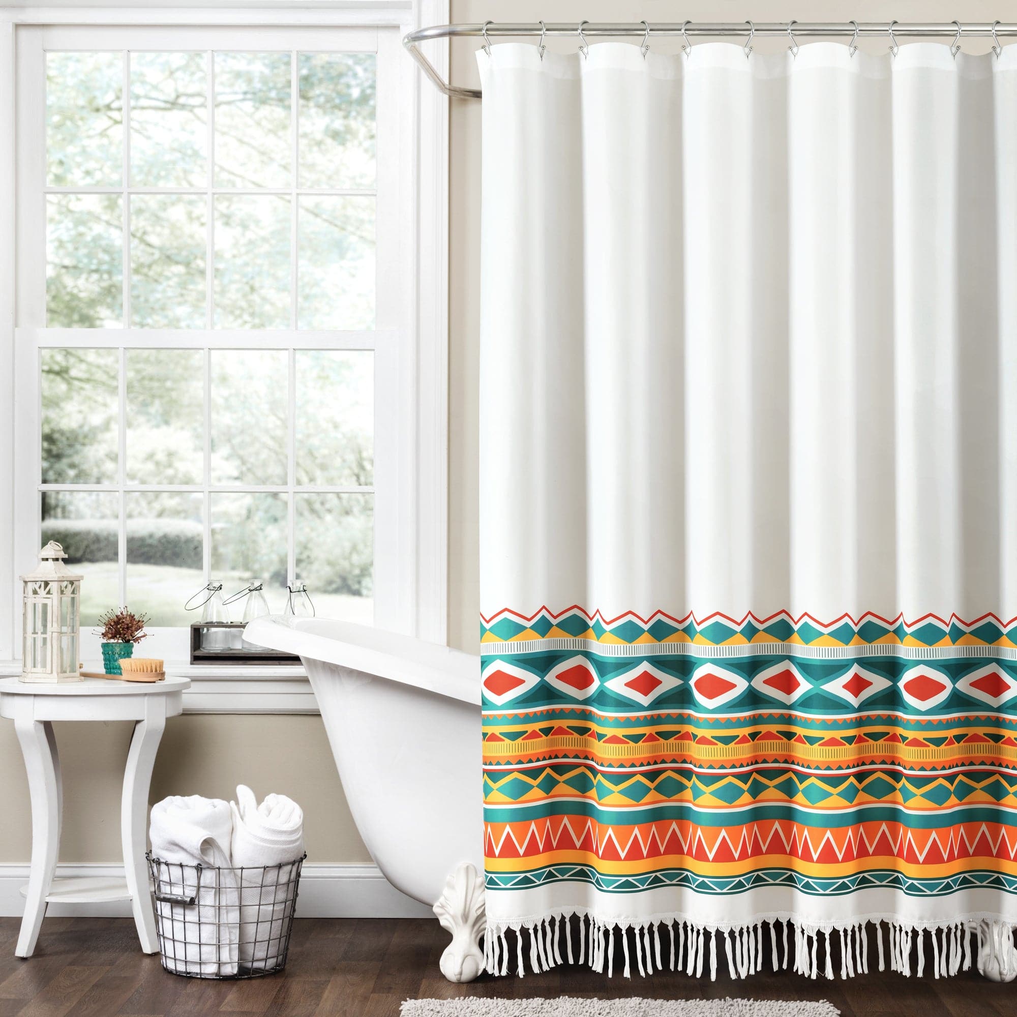 Boho Viviane Geo Fringe Shower Curtain - Waterproof Bathroom Decor for Bohemian Style Bathroom, Perfect for Vintage & Hippie Home Decor
