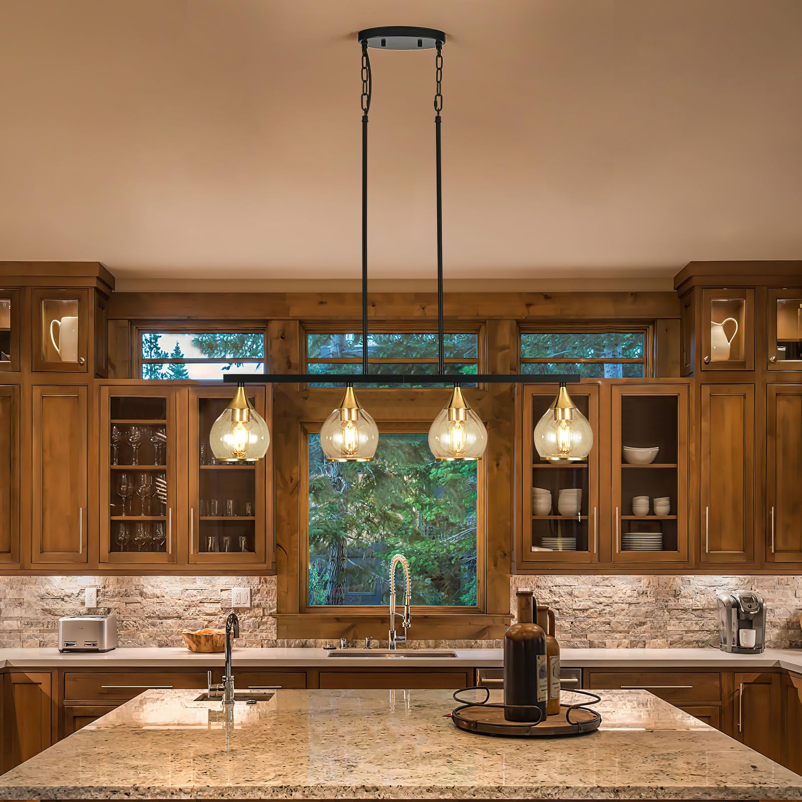 Farmhouse Black and Gold 4-Light Kitchen Island Pendant Chandelier with Clear Glass Shades - Matte Black Linear Hanging Light Fixture for Dining Room & Kitchen Counter | Perfect Over Tables, Breakfast Bars, and Kitchen Islands