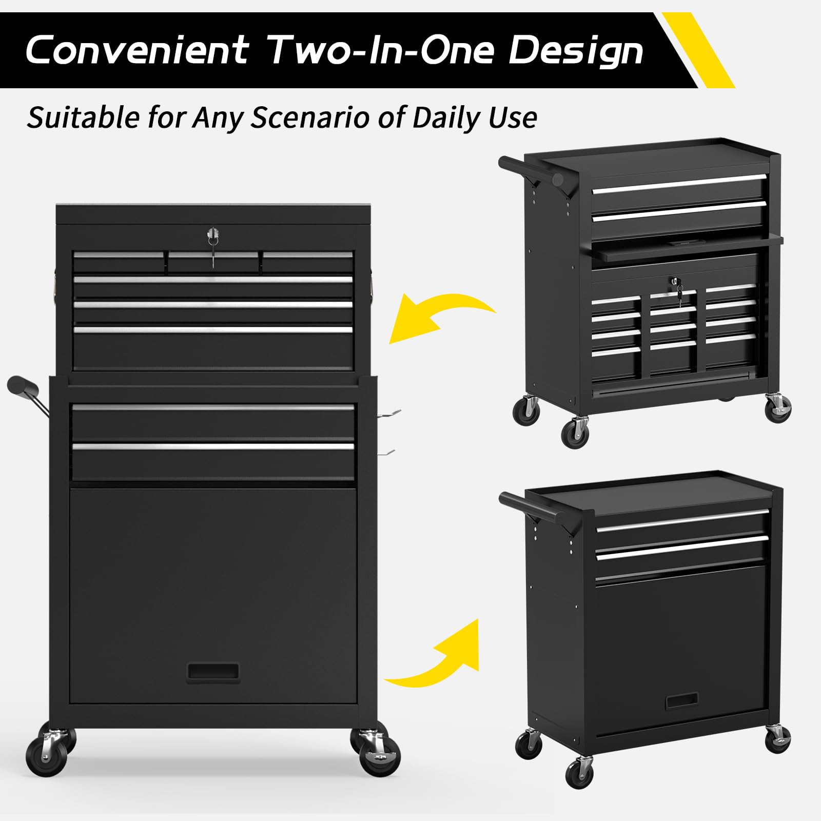 On Shine 8-Drawer Rolling Tool Chest - Heavy Duty Metal Tool Box with Wheels & Locking Mechanism, Large Capacity Sliding Drawer Storage for Garage, Workshop, or DIY Projects - Portable Mechanical Tool Organizer (Black)