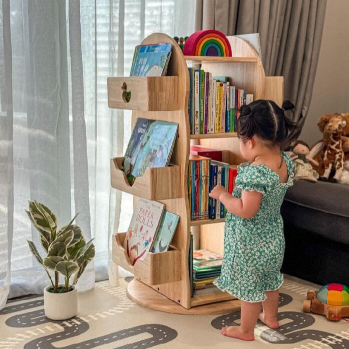 BINDI Revolving Solid Wood Bookcase - 360° Rotating Bookshelf for Home Office, Living Room, Bedroom - Modern Storage Organizer for Books, Decor & Essentials