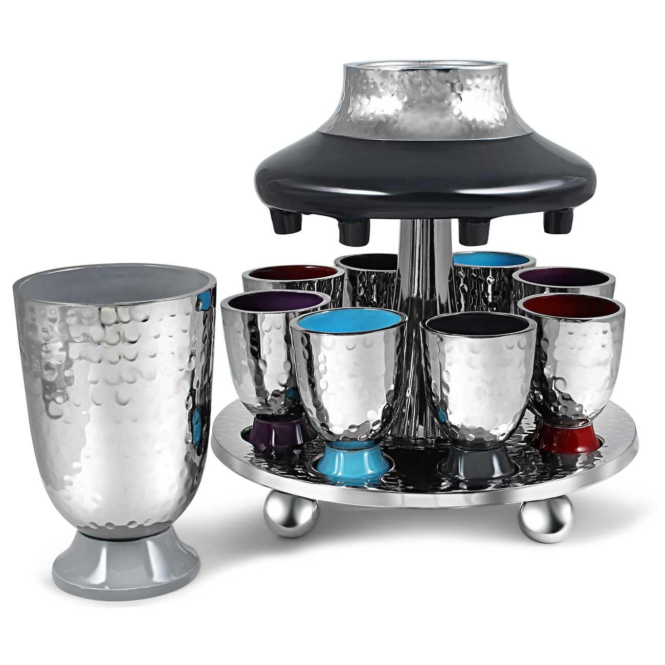 Elegant Hammered Metal Kiddush Cup Wine Fountain Set with Enamel Detailing - Large Goblet & 8 Shot Cups for Jewish Holidays - Perfect for Shabbat, Passover, Seder, Yom Tov & Wedding Gifts by Zion Judaica (Multi Color) - Ideal for Jewish Ceremonies, Holiday Celebrations & Special Occasions