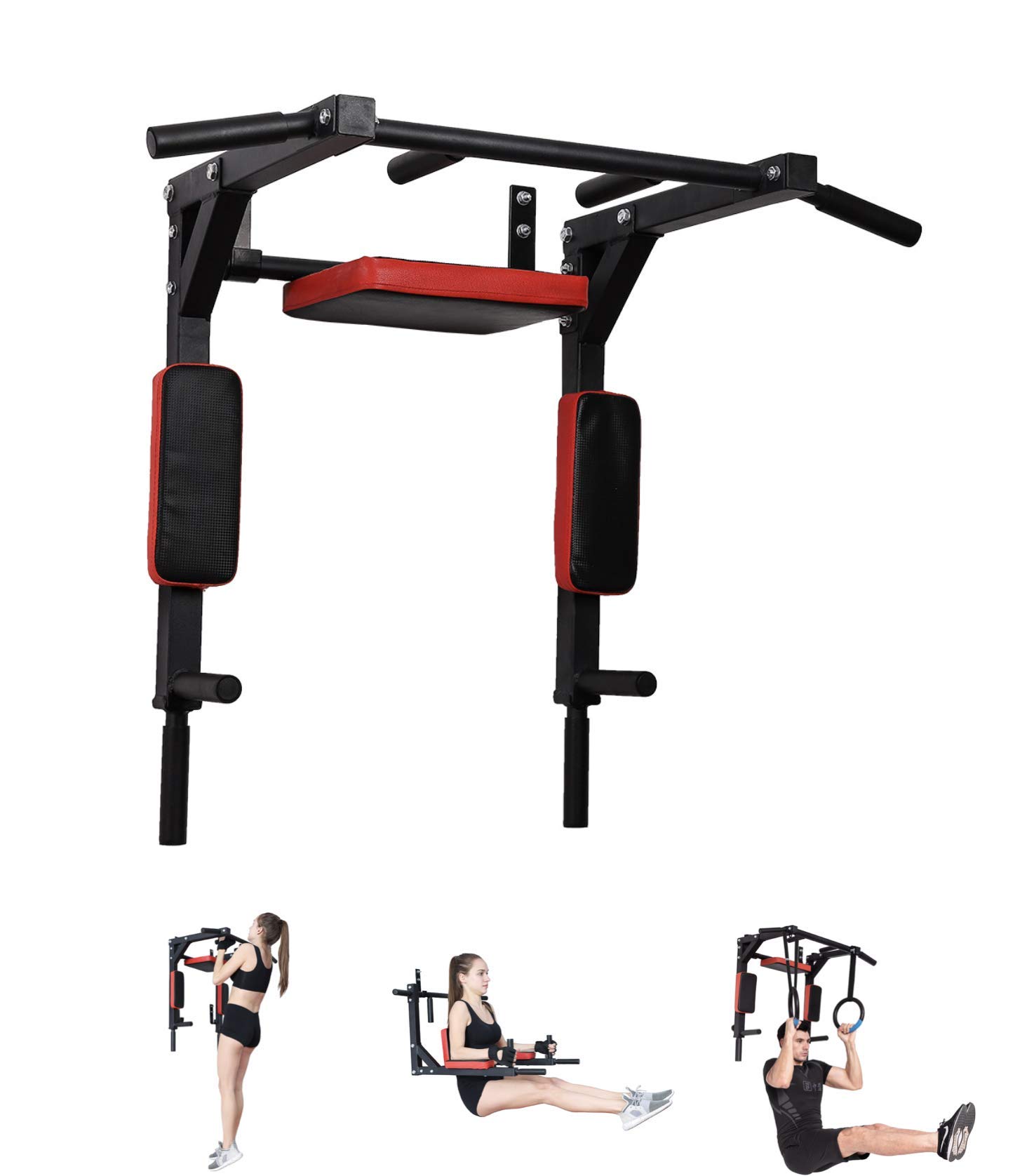 Pull Up Bar for Home Gym - Wall Mounted Chin Up Bar with Heavy Duty Steel Construction, Black/Red - Perfect for Strength Training & Home Workouts