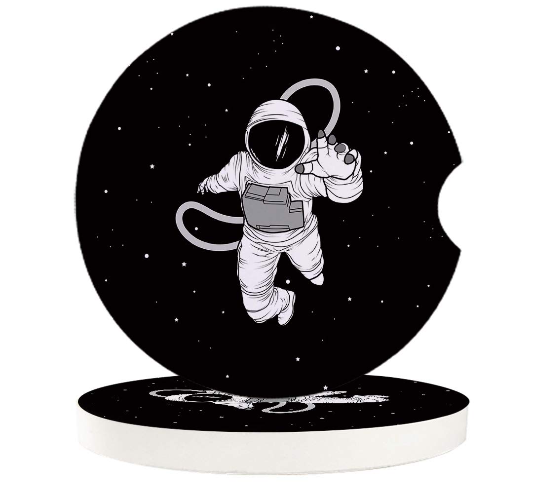 Black Outer Space Ceramic Car Coasters with Finger Notch - Absorbent Astronaut Design for Easy Removal, Perfect for Coffee, Drinks, and Car Accessories (2 Pack)