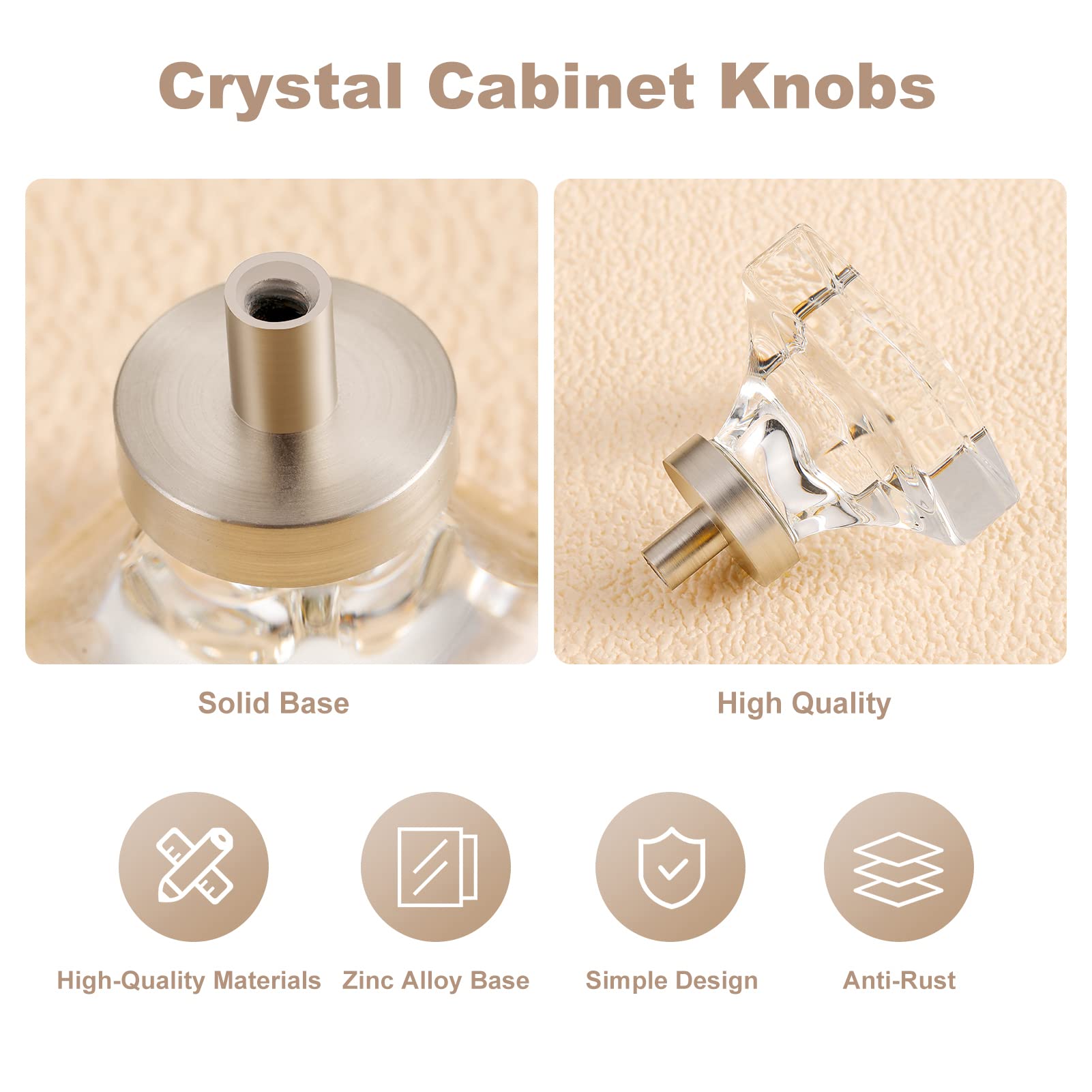 16 Pack Square Crystal Glass Cabinet Knobs - Brushed Nickel Dresser Drawer Pulls for Kitchen Cabinets, Wardrobes & Furniture Hardware (Easy Installation & Stylish Upgrade)