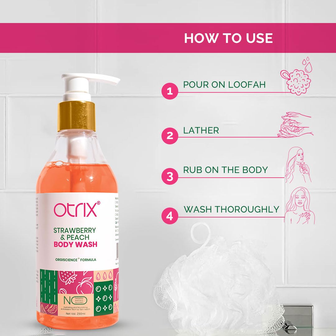 Otrix Strawberry and Peach Hydrating Body Wash | Sulfate & Paraben-Free Moisturizing Shower Gel for Women & Men | Gentle Cleansing with Rejuvenating Aroma | 290ml | Perfect for Dry Skin & Daily Relaxation