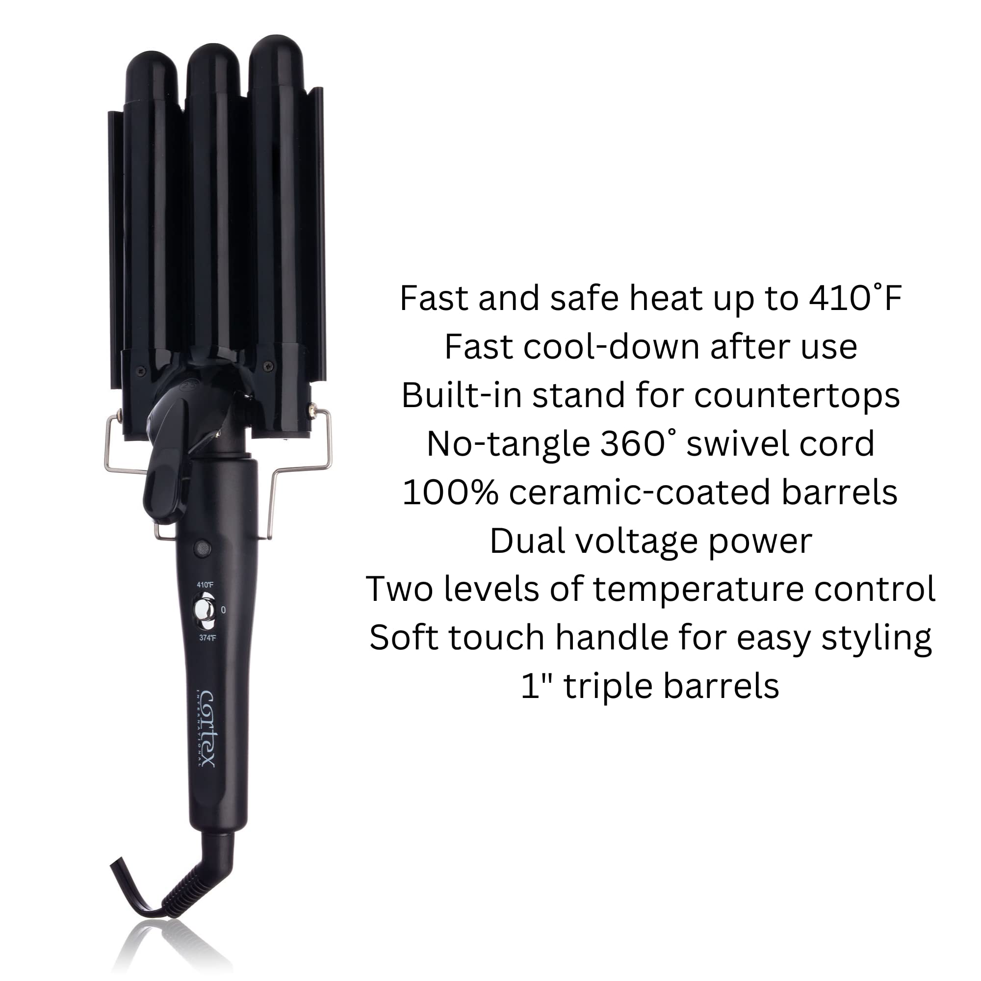Cotex International 3-Barrel Ceramic Tourmaline Hair Waver - Adjustable Temperature, Fast Heating, Portable Hair Curler for Beach Waves & Salon Styles (Black) | Perfect for Home Use, Travel & Professional Styling