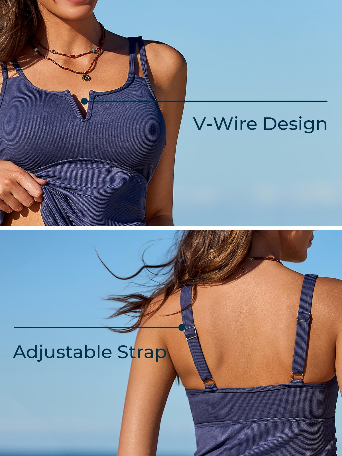 Women's Summer Mae Tankini Swimsuits - Ruched Two Piece Bathing Suit Top with Tummy Control & V-Wire Support | Round Neck Swimwear for Beach, Pool & Vacation