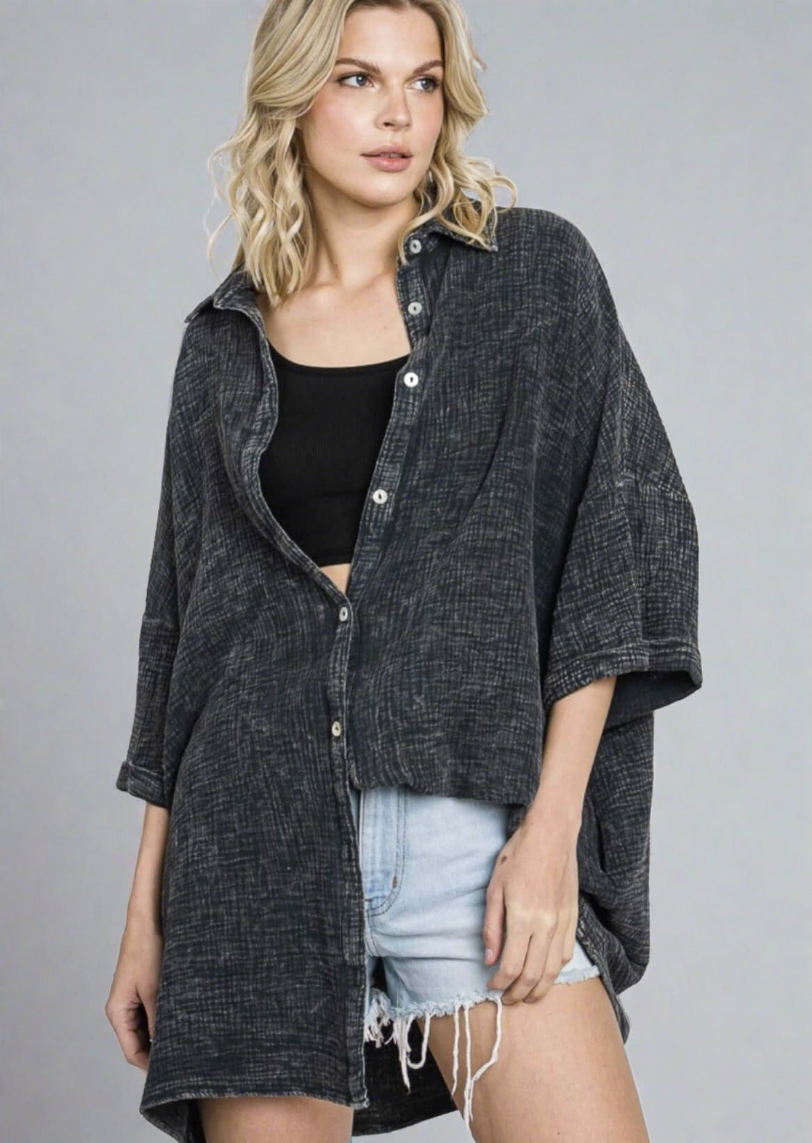 Stylish Boyfriend Slouchy Gauze Top in Washed Black - Made in USA | Perfect for Casual Outings, Beach Cover-ups & Boho Fashion