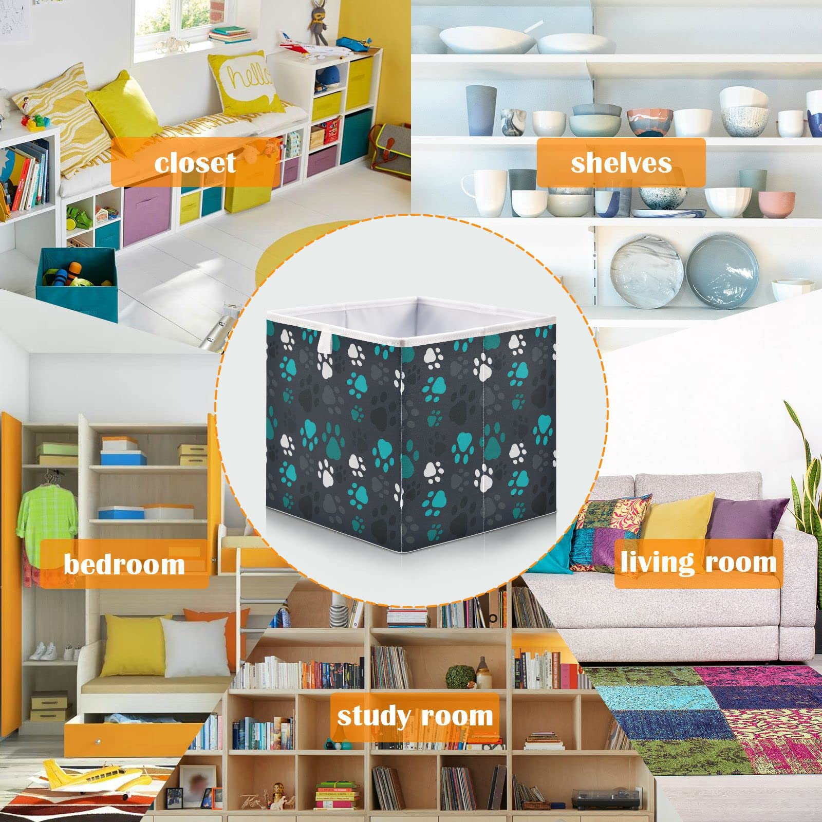Cute Paw Print Foldable Storage Basket - 11x11x11 Inch Cube Organizer Bin for Home, Closet & Nursery | Perfect for Toys, Books, Laundry & Shelves Organization | Space-Saving Home Decor Storage Solution