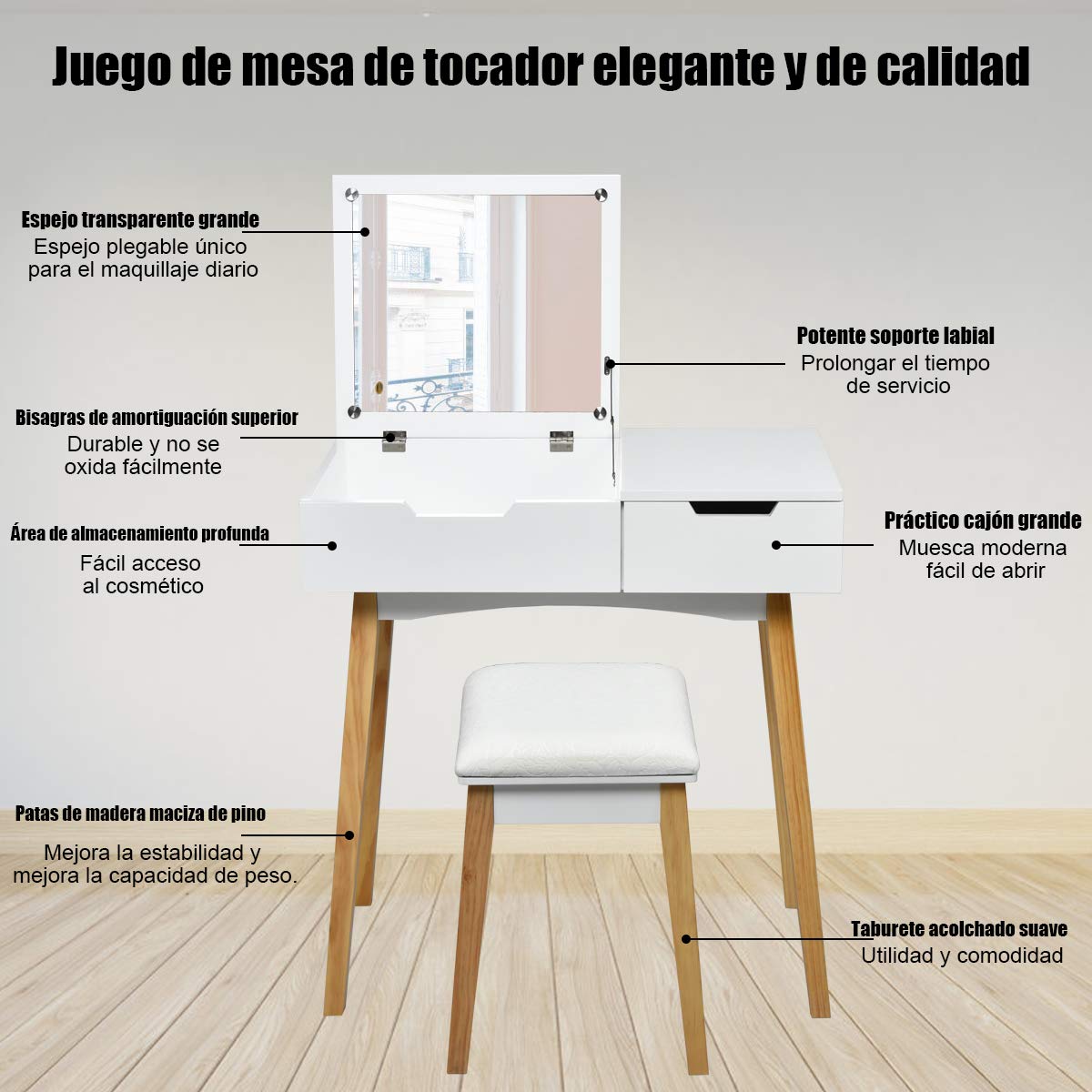 COSTWAY Makeup Vanity Table with Mirror and Stool, White Cosmetic Desk for Bedroom, Living Room - Perfect for Dressing, Applying Makeup & Organizing Beauty Products