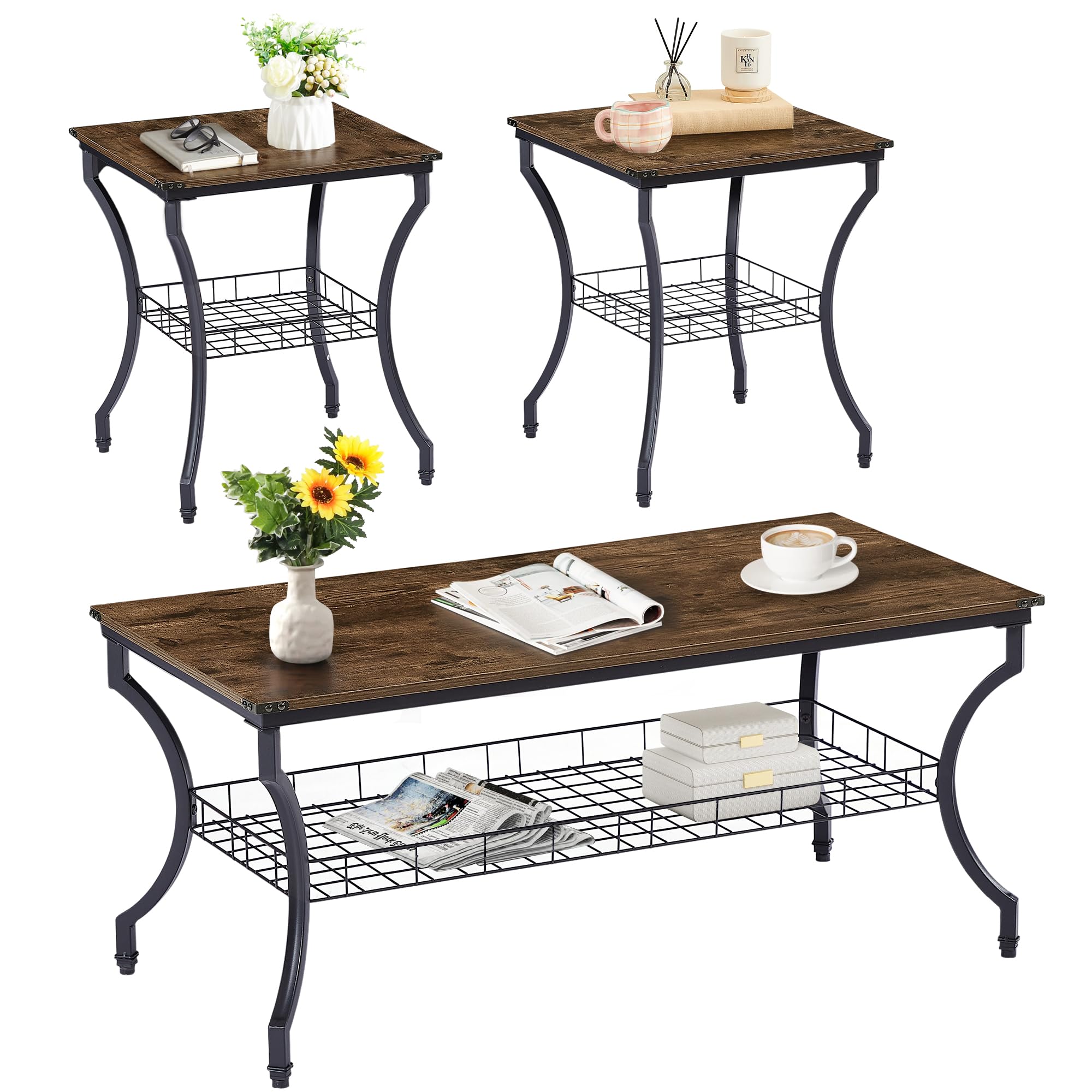 VECELO 3-Piece Living Room Table Set - Coffee Table & End Tables with Open Storage Shelves, Easy Assembly, Brown - Perfect for Apartments, Home Offices & Small Spaces | Living Room Furniture, Modern Home Decor