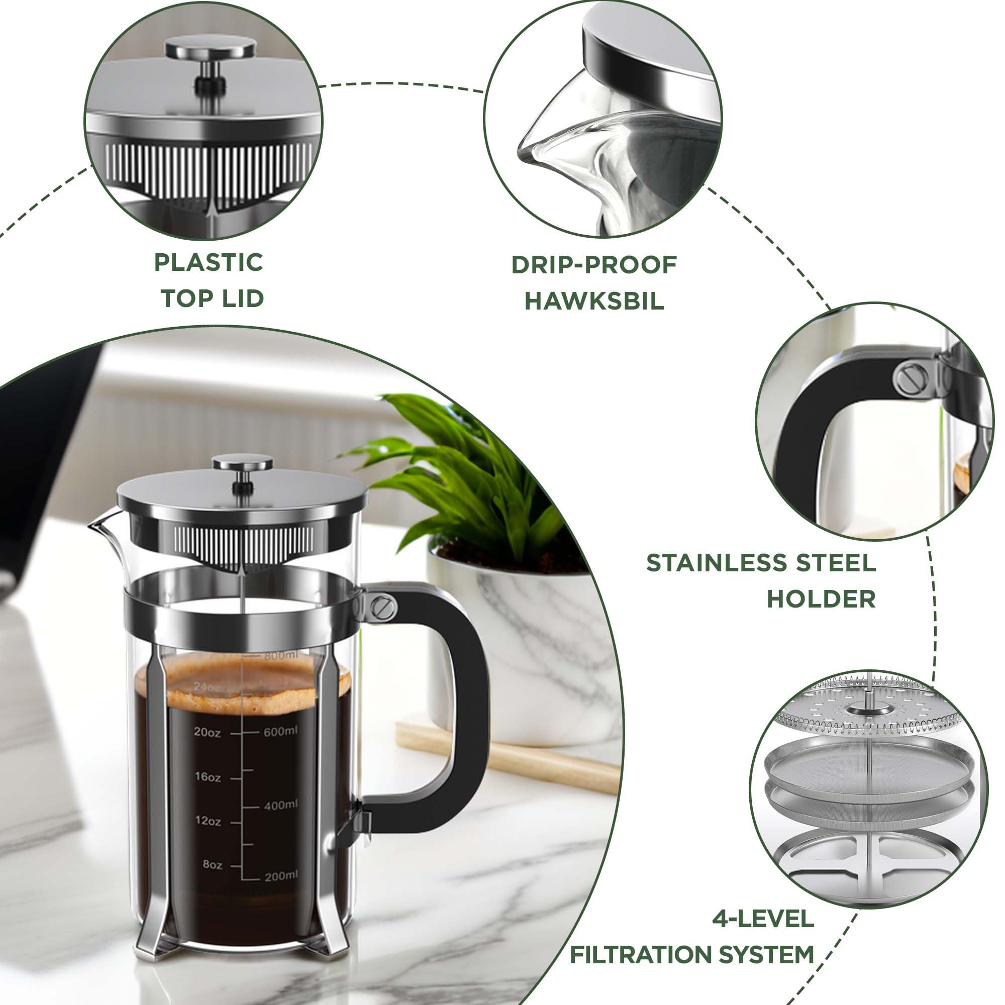 Premium Stainless Steel French Press Coffee Maker - 34oz (1L) Borosilicate Glass, Heat Resistant for Hot & Cold Brew Coffee, Tea & Espresso - Perfect for Home, Office & Camping Use