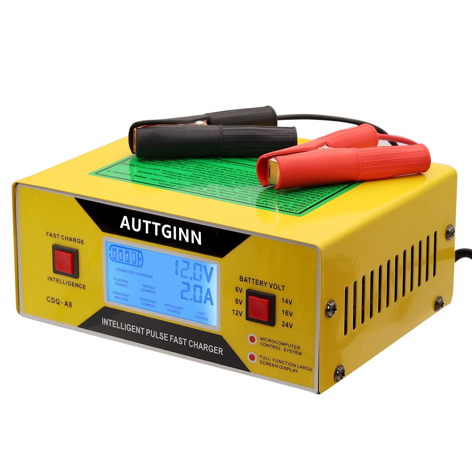 AUTTGINN 6V/8V/12V/14V/16V/24V Smart Adjustable Car Battery Charger 0-10A with Upgraded Cable Clamps - Trickle Charger & Battery Maintainer for Golf Cart, Car, RV, Marine, Motorcycle - Perfect for Winter Storage & Long-Term Vehicle Maintenance