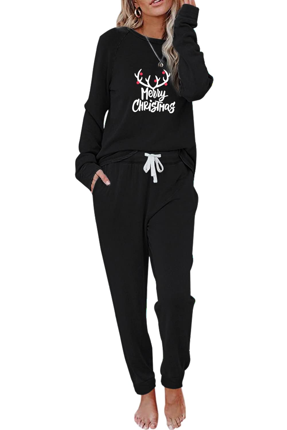 Women's Christmas Tree Print Two-Piece Jogger Set - Black Casual Fall Workout Outfit & Sweatsuit for Women | Gym, Lounge, Holiday Party, Casual Wear