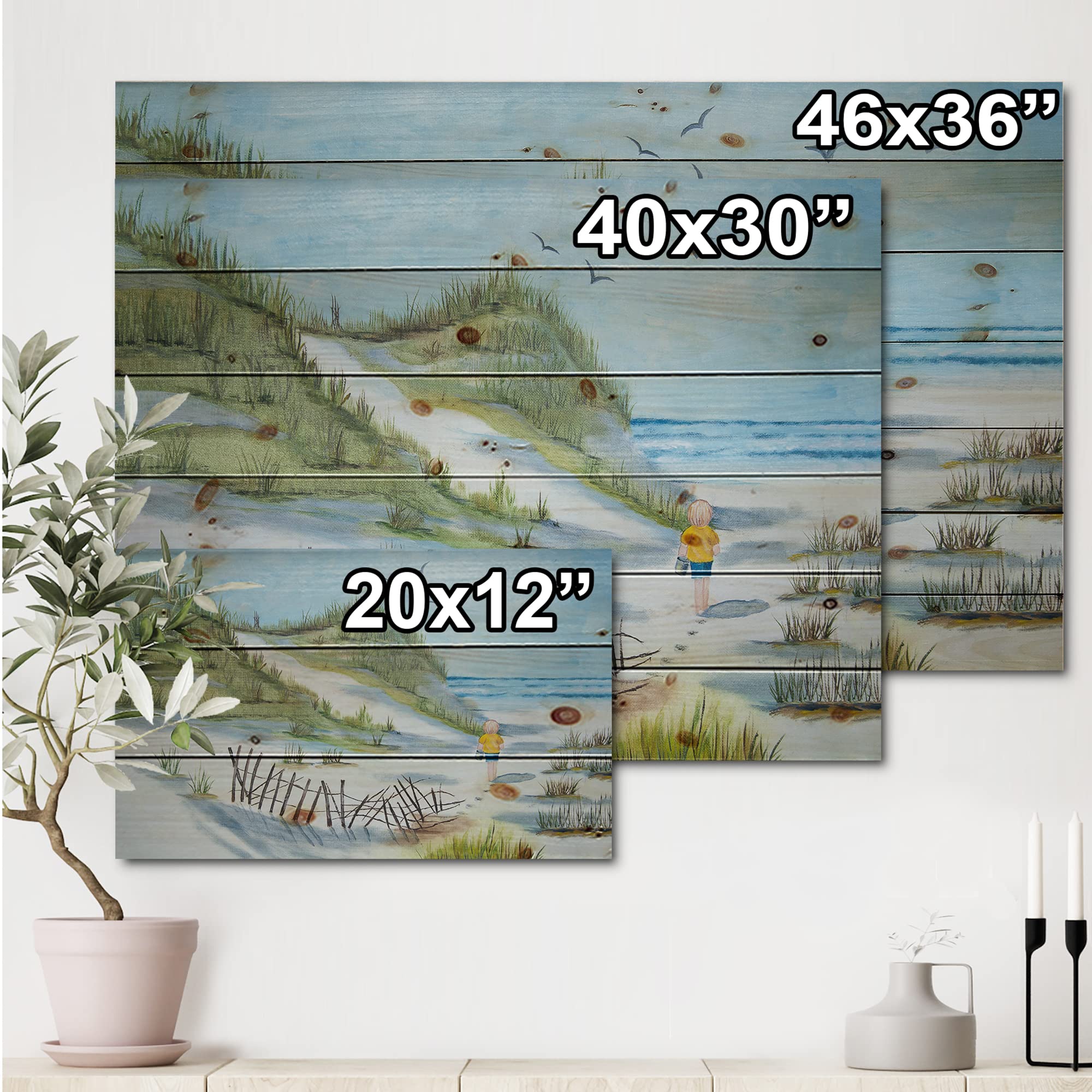 DesignQ Nautical Coastal Wood Wall Art - Blue Beach-Themed Child Walking The Beach Wooden Wall Decor, Large Pine Wood Wall Panels for Nursery, Kids Room & Beach House Decor