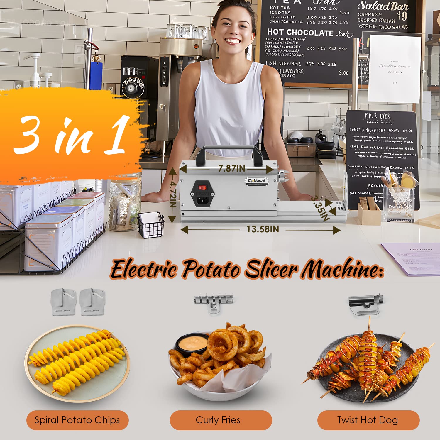 CGOLDENWALL 3-in-1 Electric Tornado Potato Slicer | Spiral Potato Cutter & Twisted Vegetable Slicer | Stainless Steel Vegetable Cutting Machine with Handle (110V) | Perfect for French Fries, Veggie Chips & Party Snacks