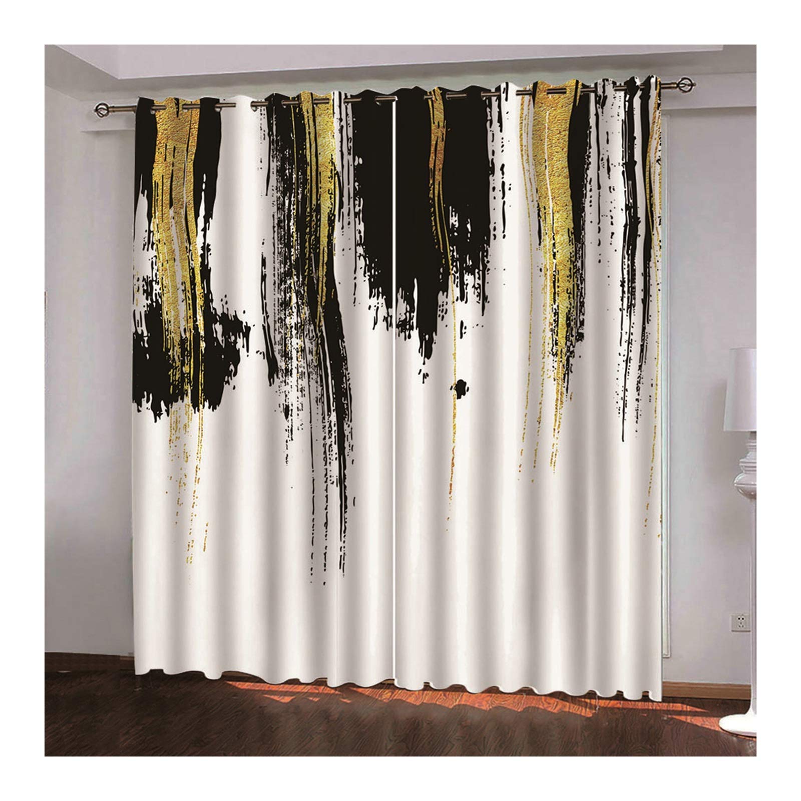 Daesar 54 x 96 Inch Blackout Curtains - Polyester Window Treatment Panels with Splash-Ink Painting Design in White, Black & Gold | Thermal Insulated Darkening Drapes for Bedroom, Living Room & Home Theater (Set of 2 Panels)