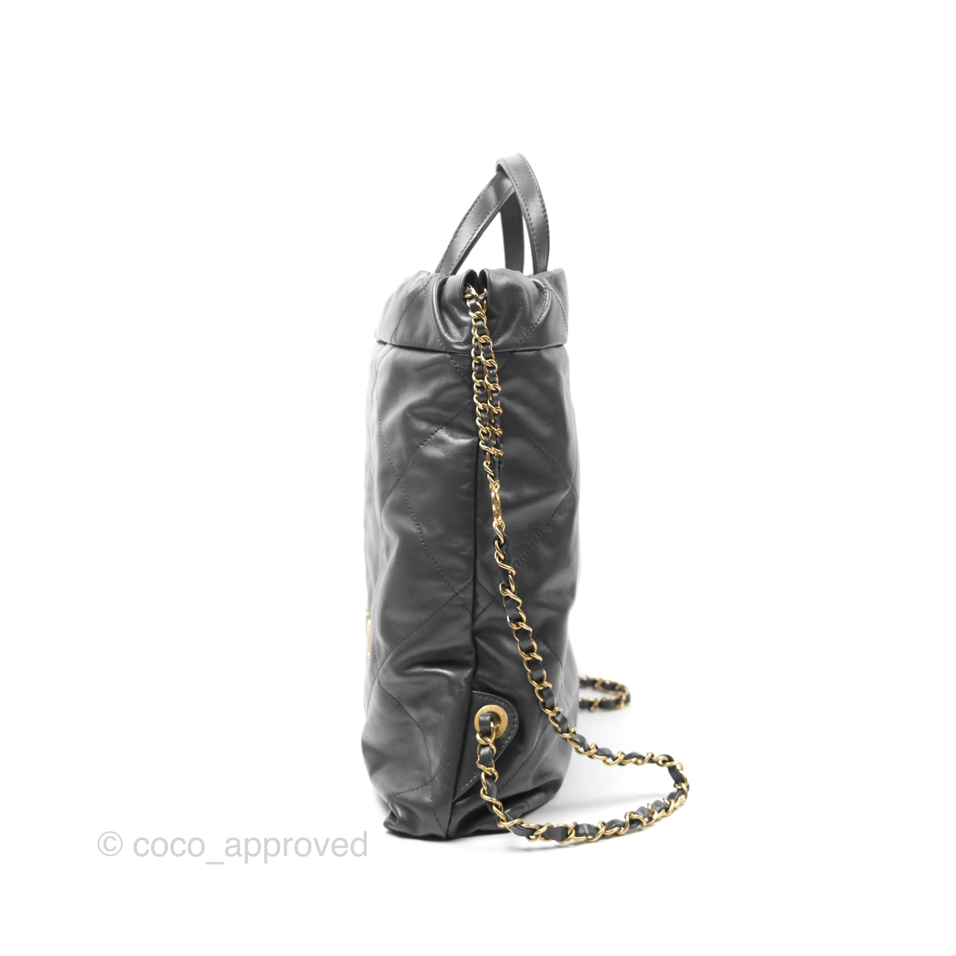 Chanel 22 Small Quilted Backpack in Dark Grey Shiny Calfskin Leather - Luxury Designer Handbag for Women, Perfect for Everyday Use & Travel Accessories