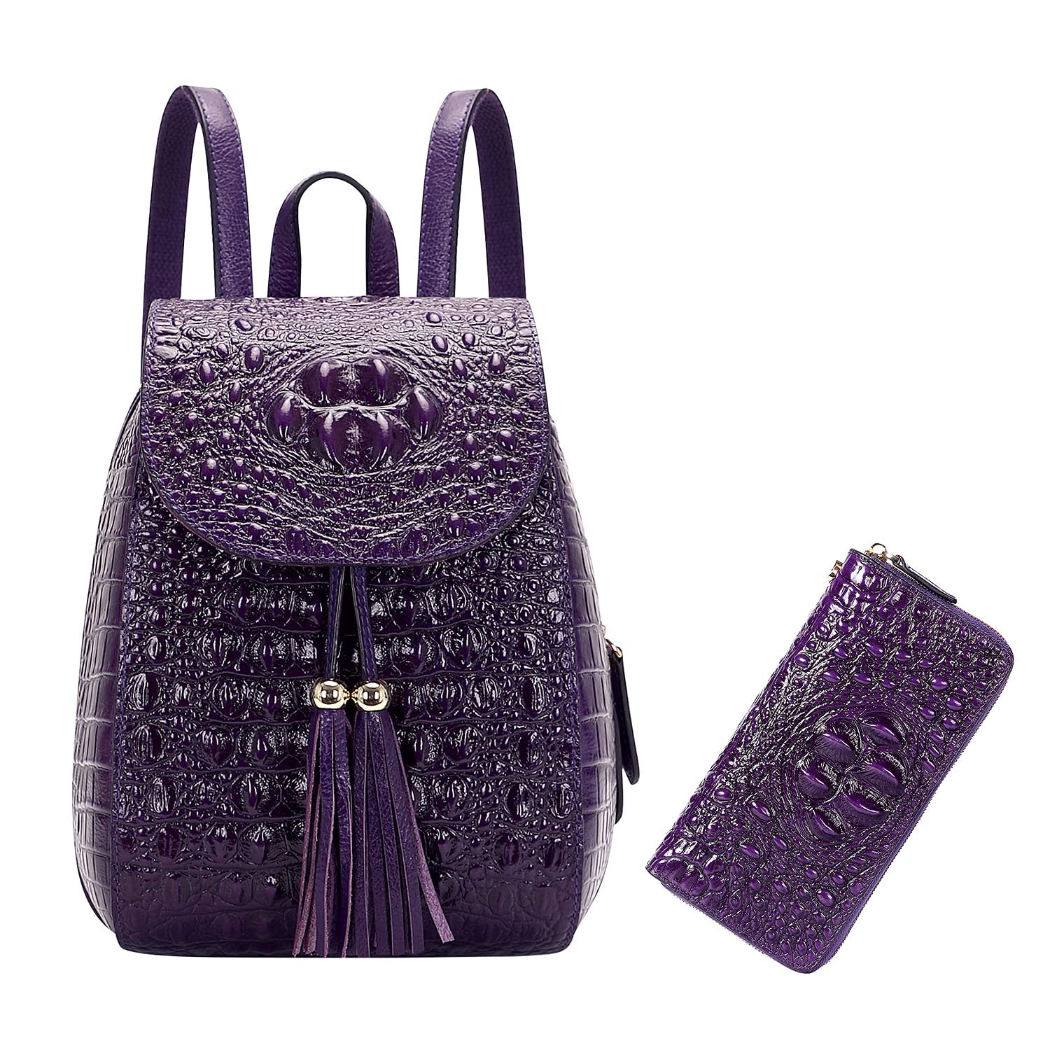 Stylish PIJUSHI Women's Crocodile Leather Backpack & Wallet Set - Fashionable Casual Laptop Bag with Matching Wristlet Clutch for Work, Travel, and Daily Use