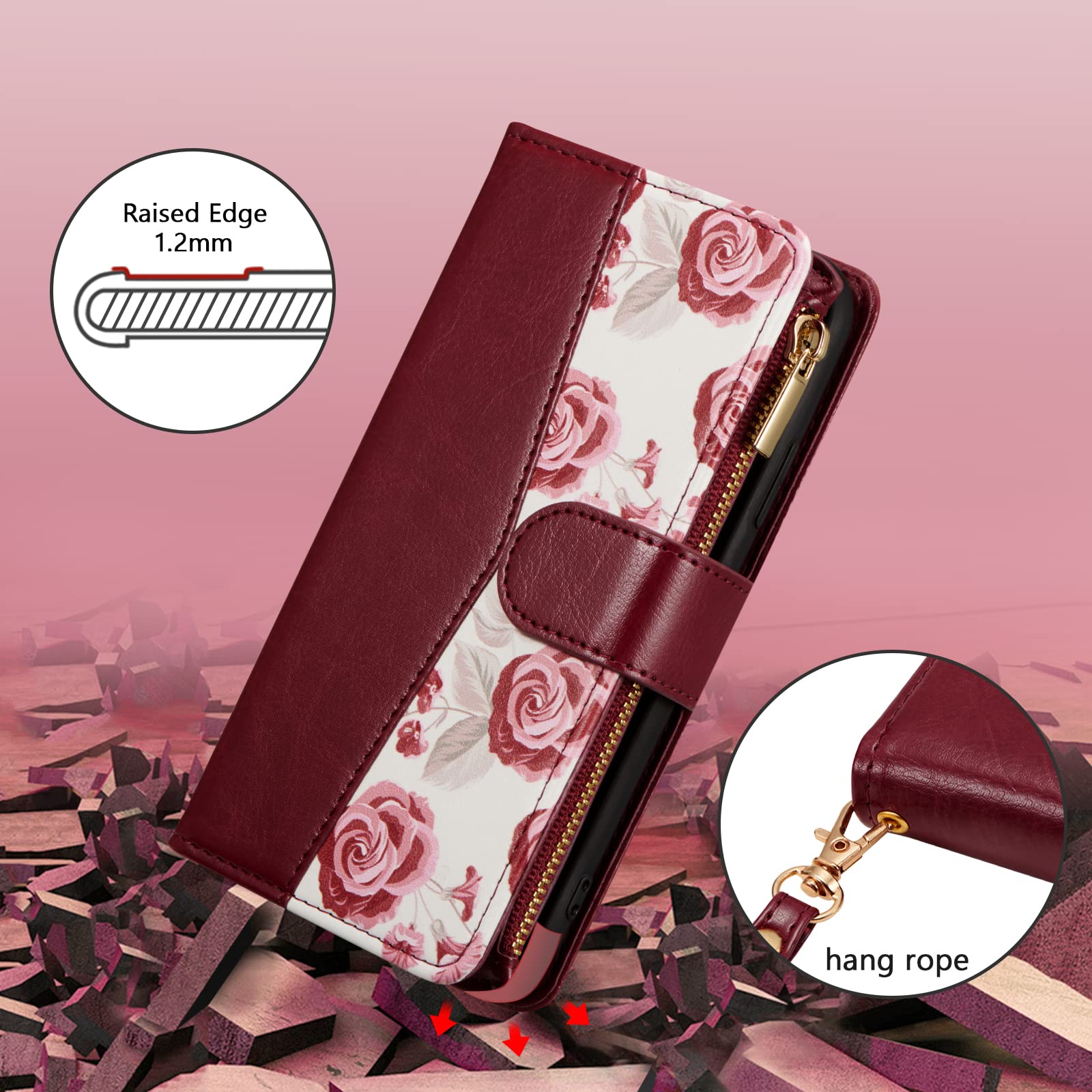 Premium PU Leather Wallet Case for iPhone XR with Magnetic Closure - Rose Design Card Holder & Zipper Pocket (Wine Red) | Perfect for Daily Use, Travel & Hands-Free Convenience