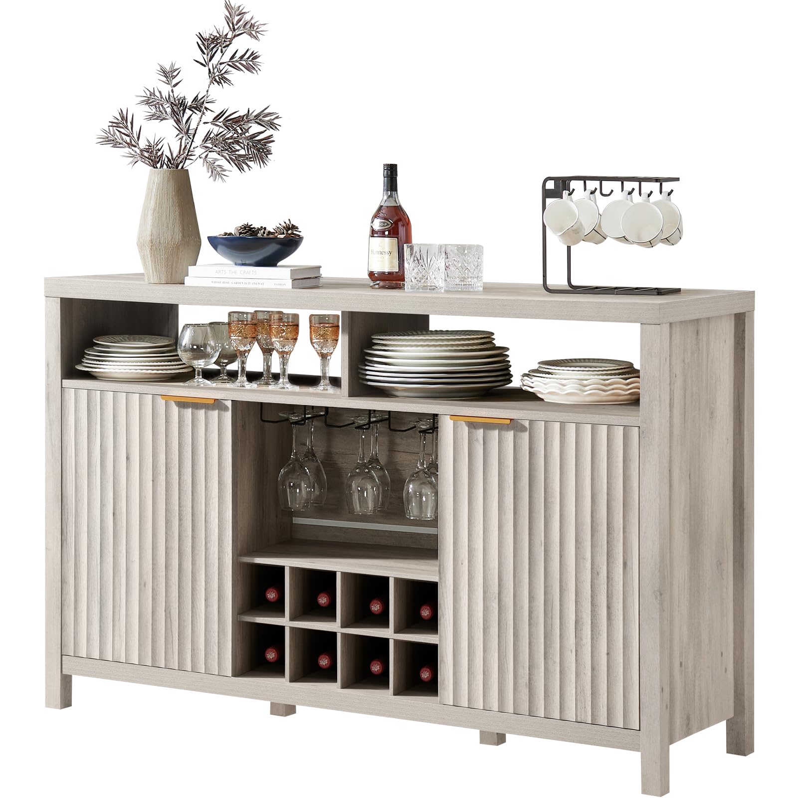 Modern Oxford Fluted Wine Bar Cabinet with Adjustable Shelves & 8-Bottle Wine Rack - 51 Inch Liquor Storage Cabinet for Dining Room, Living Room or Home Bar