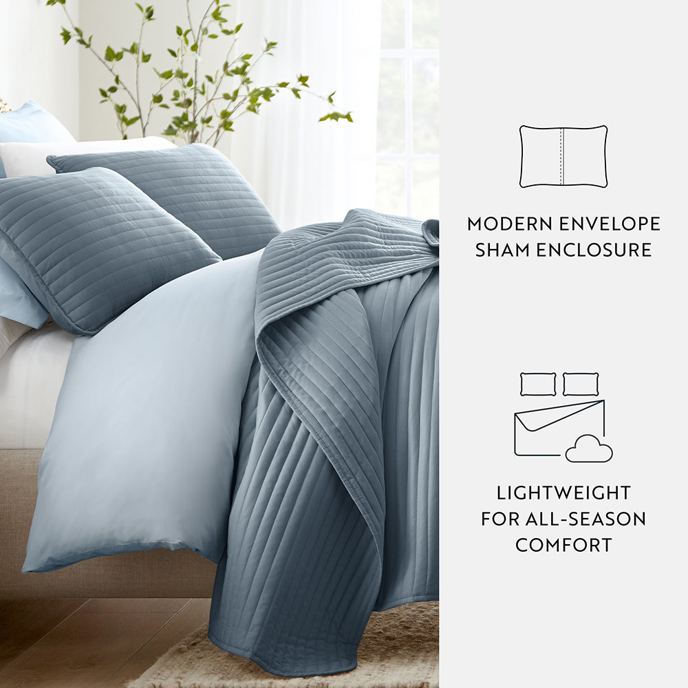 3 Piece Stripe Stitch Quilted Coverlet Set - Queen Size Bedspread with Matching Pillow Shams - Soft & Cozy Quilted Bedding for All Seasons - Perfect for Master Bedroom, Guest Room & Dorm Decor