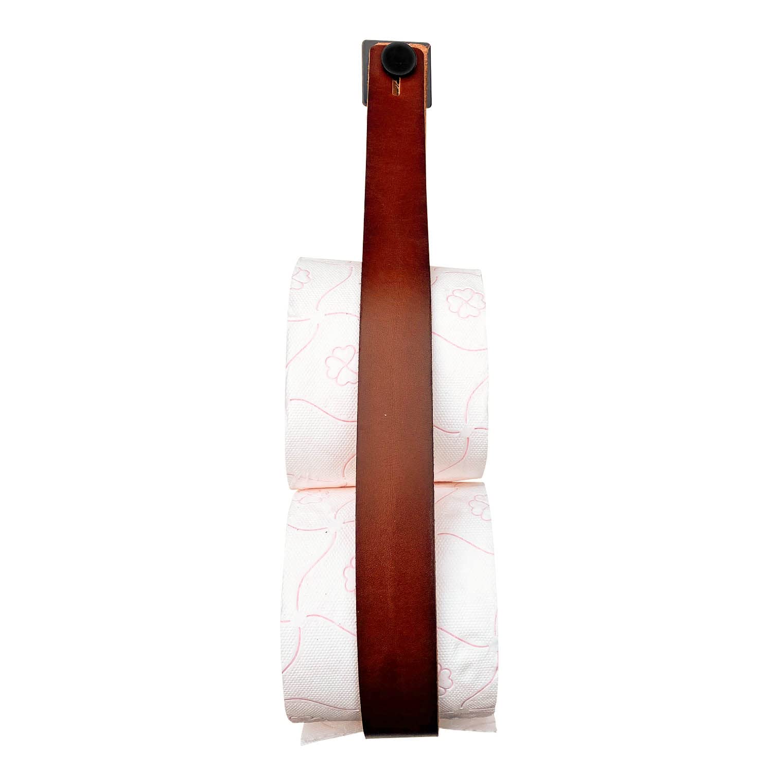 Premium Leather Toilet Paper Holder - No Drill Hanging Bathroom Tissue Roll Dispenser - Genuine Full Grain Leather - Cognac Brown - Ideal for Bathroom, Vanity, Cupboard & RV Use