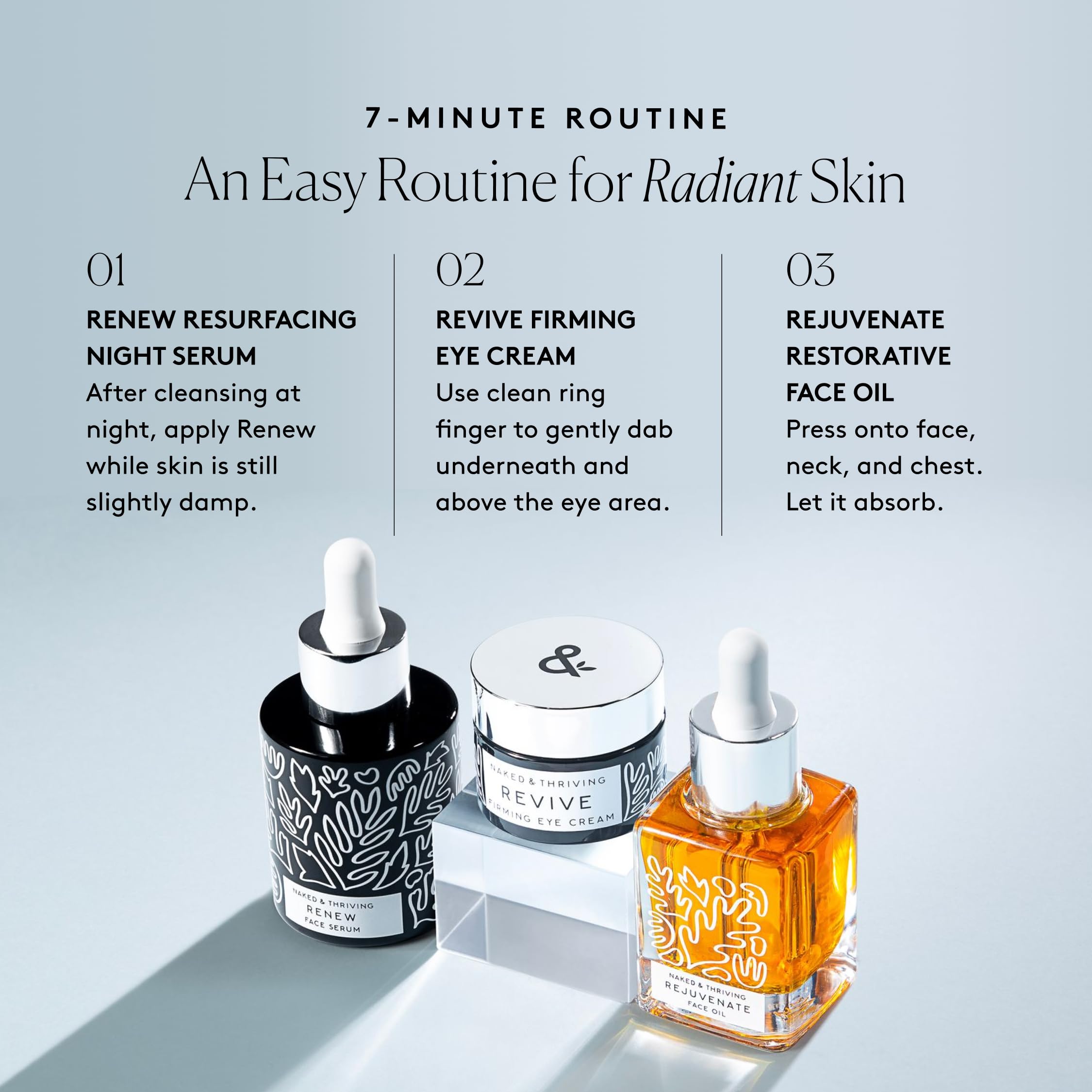 Naked & Thriving Restorative Night Routine Set - Renew Night Serum (30 mL), Revive Eye Cream (15 mL), Rejuvenate Face Oil (35 mL) with Peptides, Squalane, Hyaluronic Acid & Fruit AHAs | Anti-Aging Skincare for Dry, Sensitive Skin | Perfect Nighttime Regimen for Glowing Skin