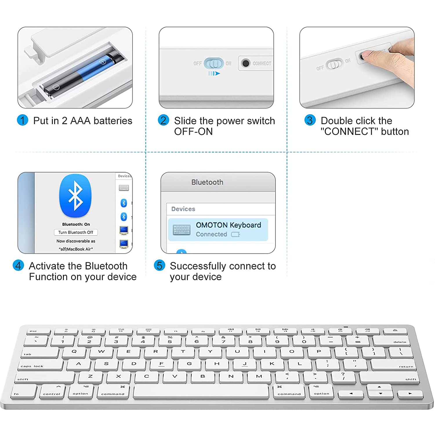 OMOTON Bluetooth Keyboard for Mac - Compact Wireless Keyboard Compatible with MacBook Pro/Air, iMac, Mac Mini, Windows PC (Silver) | Perfect for Home Office, Travel & Coffee Shop Work