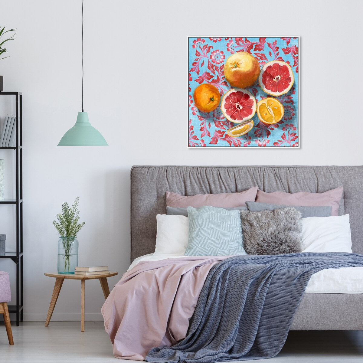 Tropical Citrus Still Life Blue Framed Canvas Wall Art Print - Sour Fruit Kitchen Decor for Cabin & Lodge - Perfect for Farmhouse, Dining Room & Country Style Homes