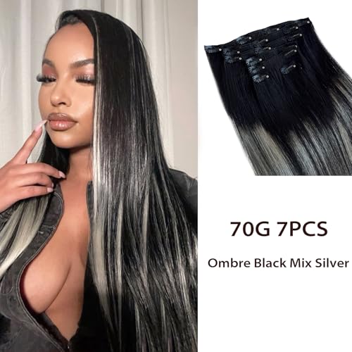 #1BT1B/Silver Balayage Black Hair Mixed Silver Highlights