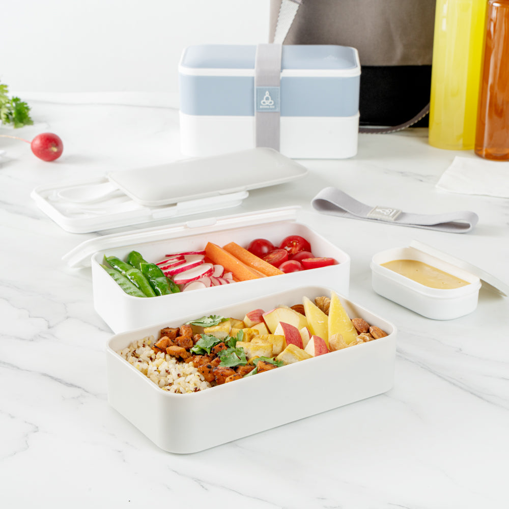 Bento Tek 41 oz Gray & White Buddha Box - All-in-One Lunch Container with Utensils & Sauce Cup (7.25