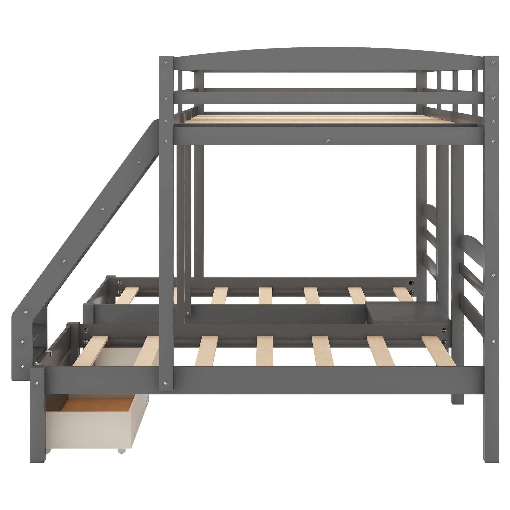 Harper & Bright Designs Full Over Twin & Twin Bunk Bed with Drawers - Solid Wood Triple Bunk Bed Frame with Safety Guardrails - Space Saving Kids Bedroom Furniture in Grey - Perfect for Shared Rooms, Sleepovers & Small Spaces
