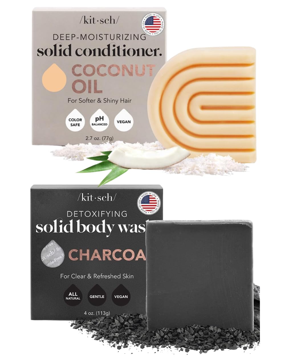 Organic Coconut Oil Conditioner Bar & Detoxifying Charcoal Body Wash Bar Set - Natural Hair and Skin Care for Dry Scalp & Acne - Eco-Friendly Travel Toiletries for Camping & Gym