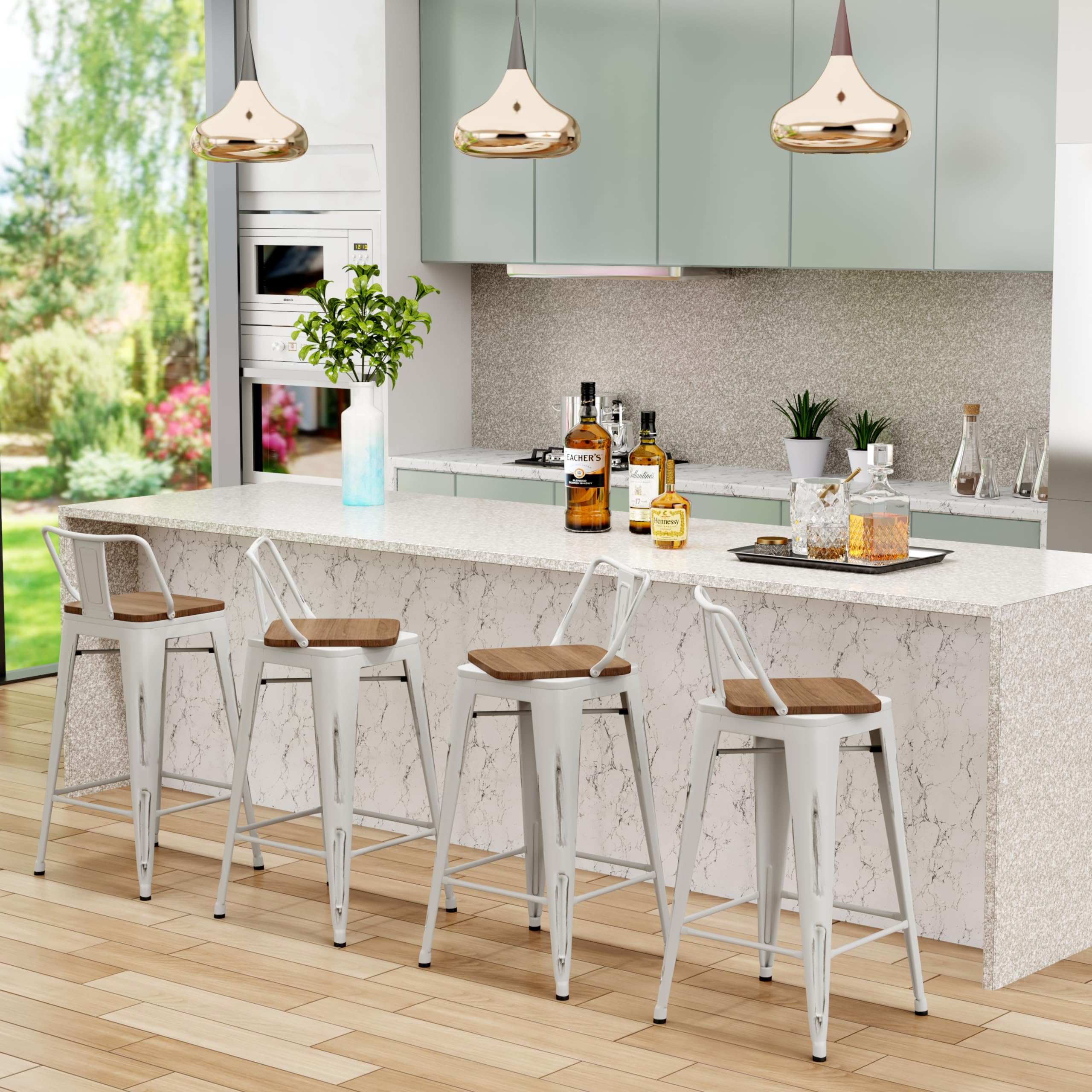 **30 Inch Bar Stools Set of 4 - Counter Height Swivel Bar Chairs with Back, Metal Frame, White - Perfect for Kitchen, Dining Room & Home Bar**