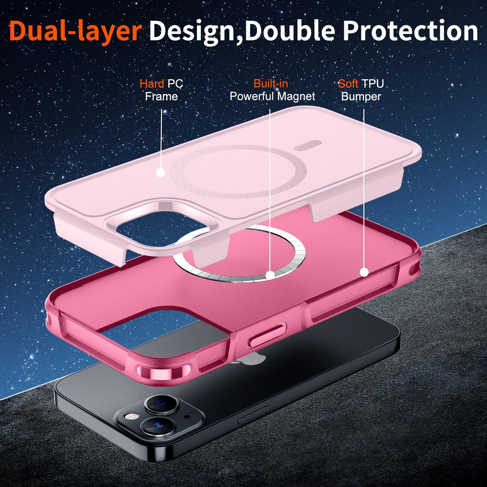 SUPFINE Magnetic iPhone 13 Case with MagSafe Compatibility - 10FT Military Grade Drop Protection & Dual Layer Shockproof Design - Non-Slip Heavy Duty Full Body Phone Cover (Pink) - Perfect for Outdoor Adventures, Work & Everyday Protection