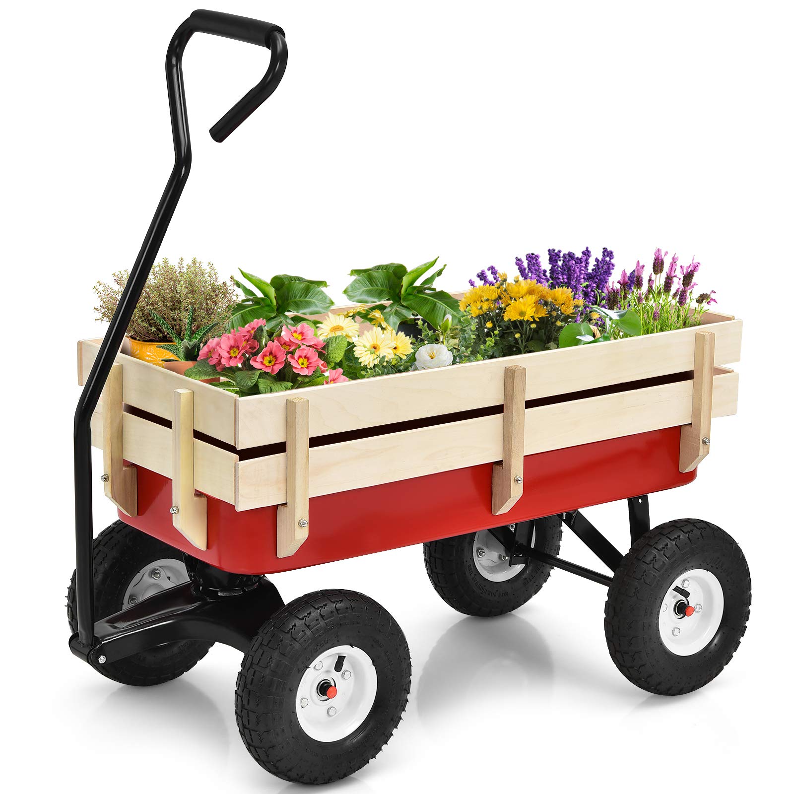 Giantex All-Terrain Cargo Wagon with Wooden Railings & Air Tires - Heavy Duty Utility Cart for Kids, Garden, Beach, Camping & Outdoor Activities (Red)