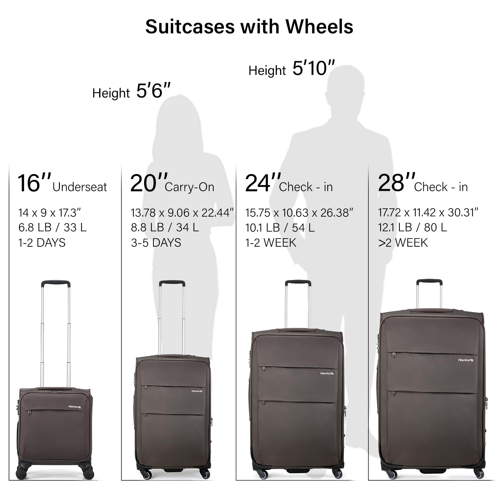 Hanke 16 Inch Underseat Carry On Luggage with Wheels - Lightweight Softside Travel Suitcase for Men & Women, Coffee | Perfect for Airplane Cabin, Business Trips & Weekend Getaways
