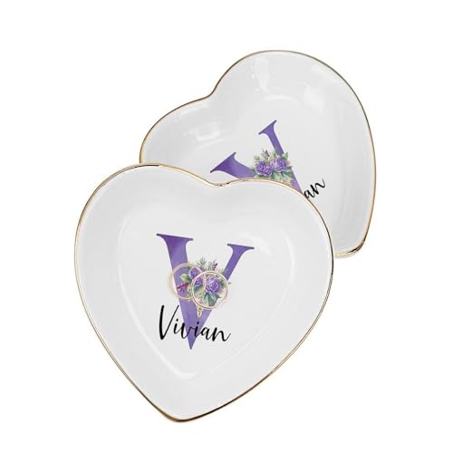 Personalized Heart Ring Holder - Custom Letter V Small Ceramic Dish with Purple Flower for Jewelry Storage | Unique Birthday Gift, Hostess Present & Mother's Day Gift Idea | Perfect for Home Decor, Vanity Organizer & Jewelry Display