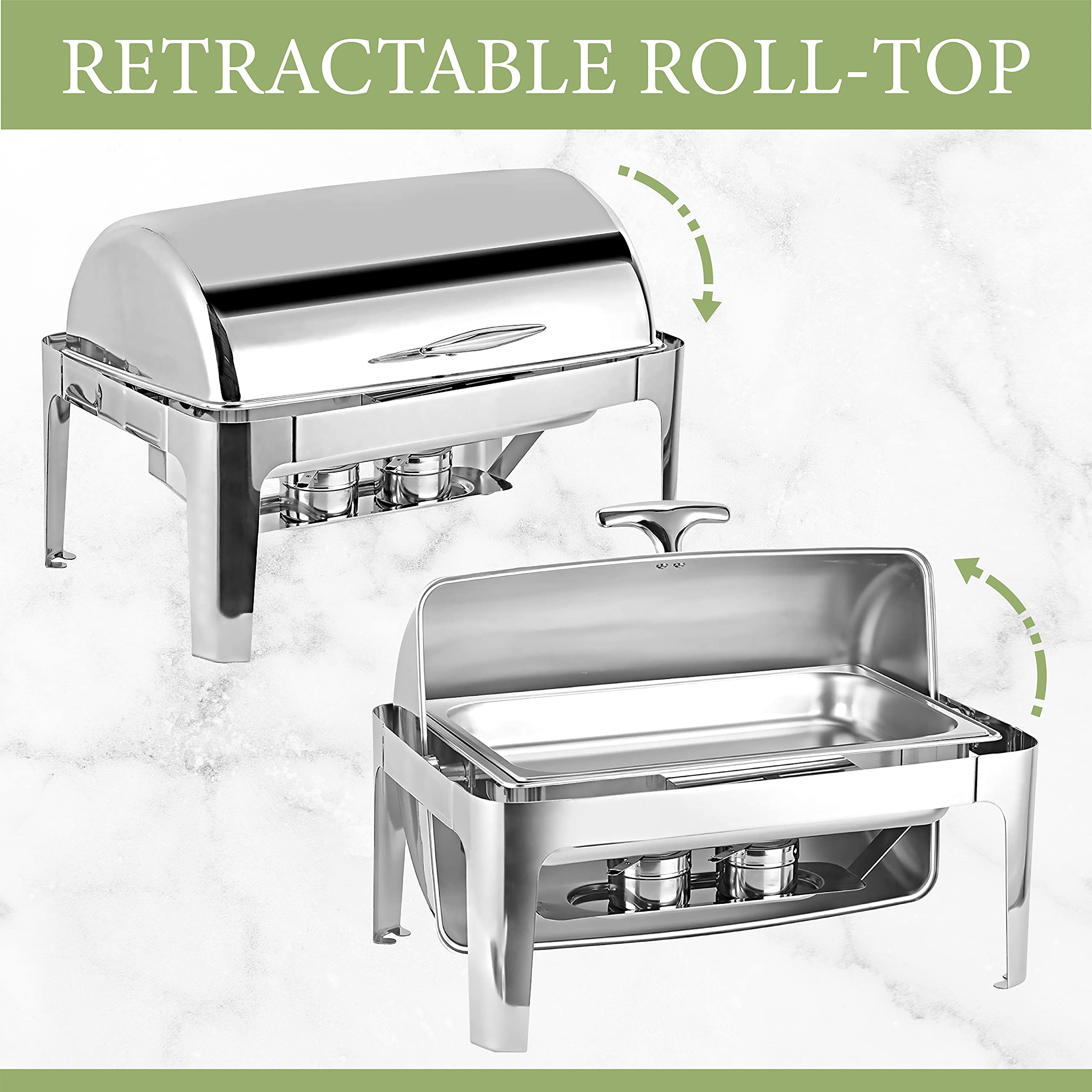 8 QT Deluxe Rectangular Roll-Top Chafing Dish Set with Water Pan, Food Pans, Serving Utensils & Fuel Holders - Stainless Steel Buffet Food Warmer for Catering, Parties, Weddings & Banquets - Keep Meals Hot at Events, Restaurants or Home Entertaining