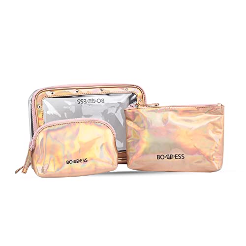 Metallic 3-in-1 Makeup Pouch for Women - Travel Cosmetic Bag with Zipper, Stylish Storage Organizer for Makeup Brushes & Accessories | Perfect for Bridal Shower Gifts, Bachelorette Parties & Vacation Essentials